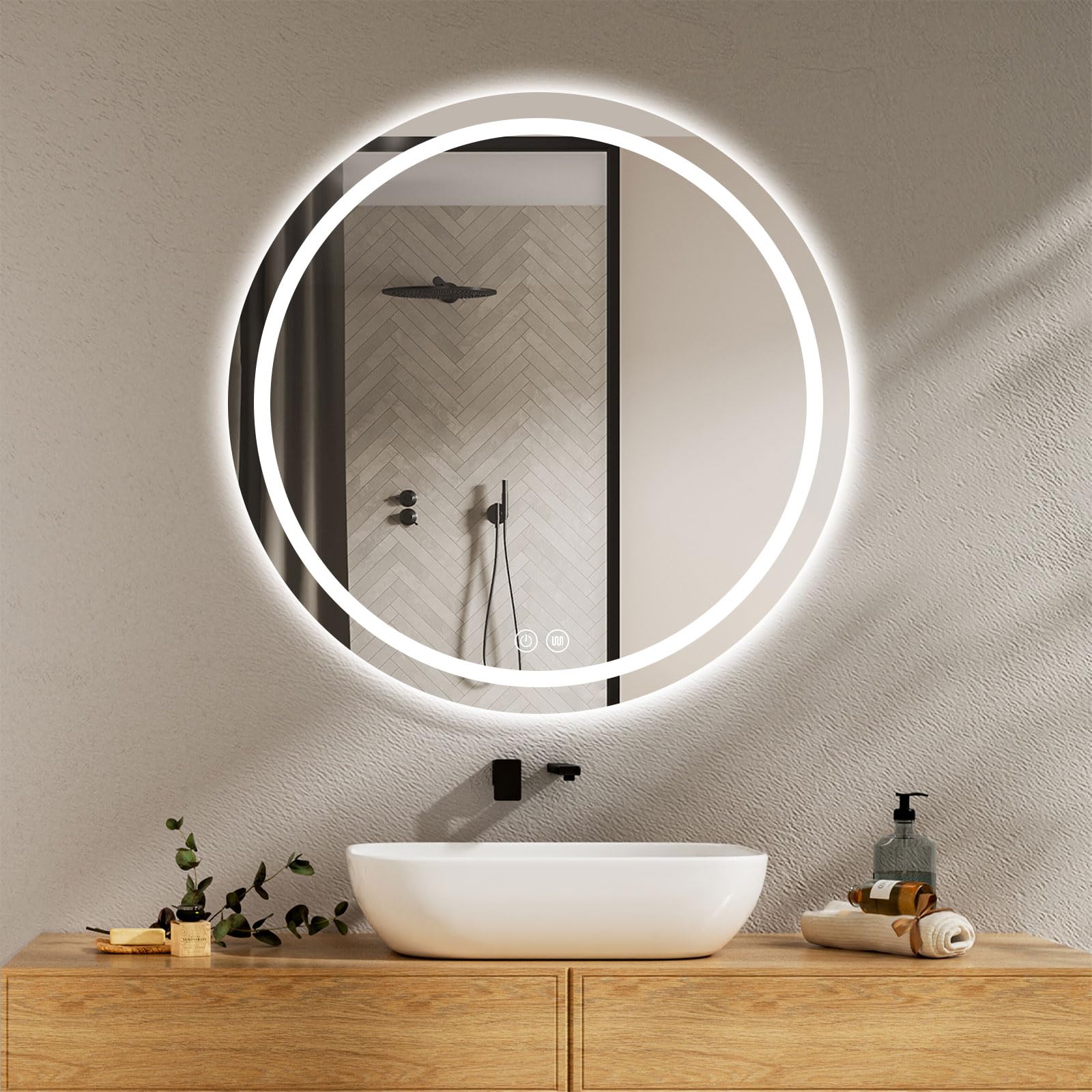 FGXHHS Round with Lights - LED Vanity Anti-Fog, 3 Color Temperatures (3000K/4500K/6000K),Dimmable Backlit, Shatterproof Tempered Glass, Smart Wall Memory Function