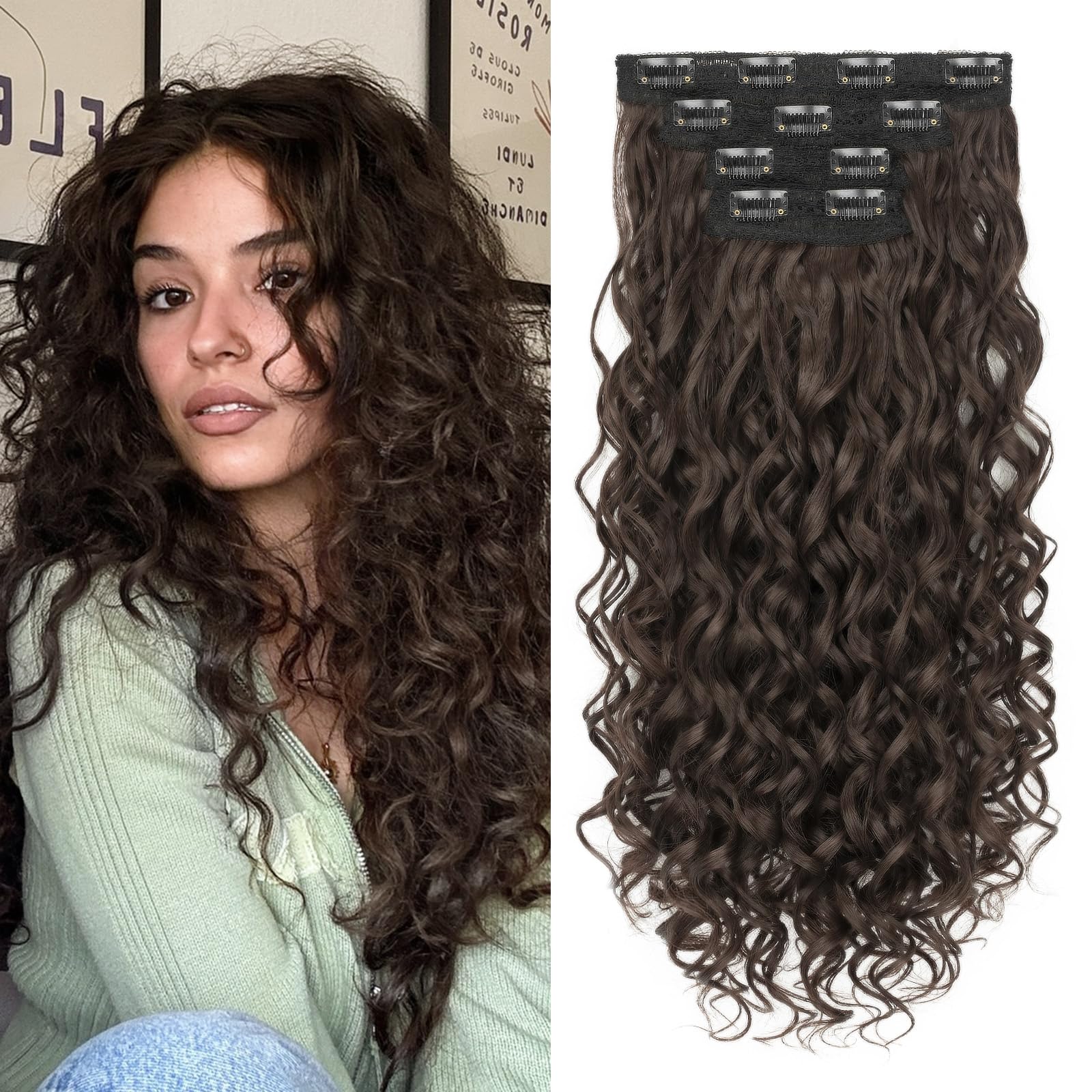 Photo 1 of Flvaco Curly Clip In Hair Extensions, 4PCS 20 Inch Chocolate Brown Extensions Clip Ins, Lace Weft Short Curly Invisible Natural Hairpieces for Women