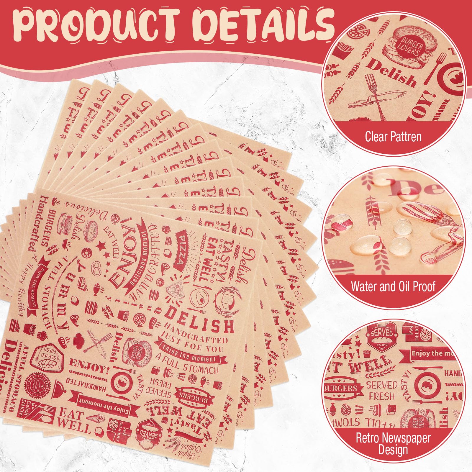 Outus 1000 fogli di carta cerata per alimenti, 30,5 x 30,5 cm, resistenti al grasso, per carta da giornale, acqua e grasso, per avvolgere panini, hot dog, per la cottura degli alimenti (rosso su
