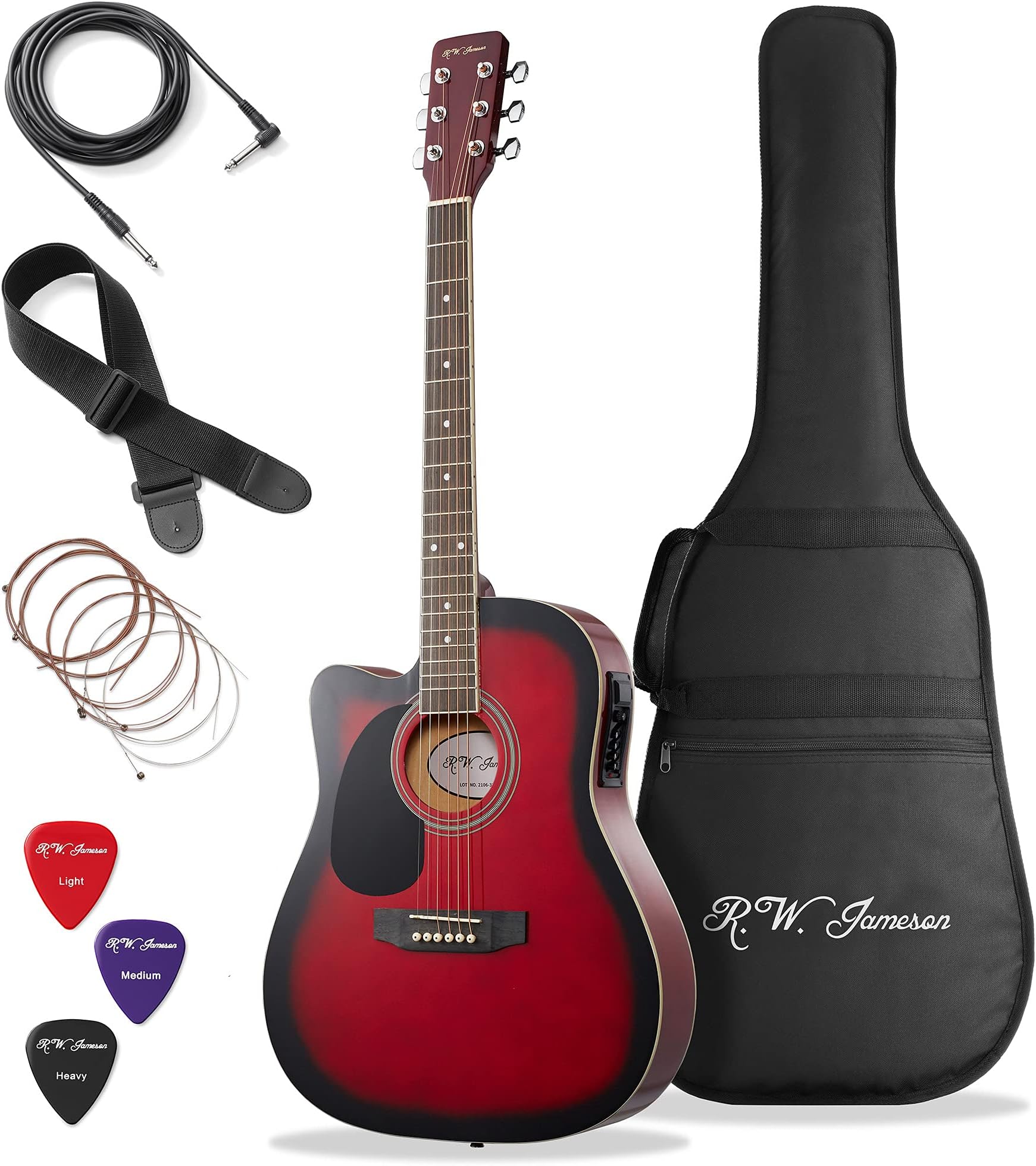 Jameson Guitars Full Size Thinline Acoustic Electric Guitar with Free Gig Bag Case & Picks Red Left Handed