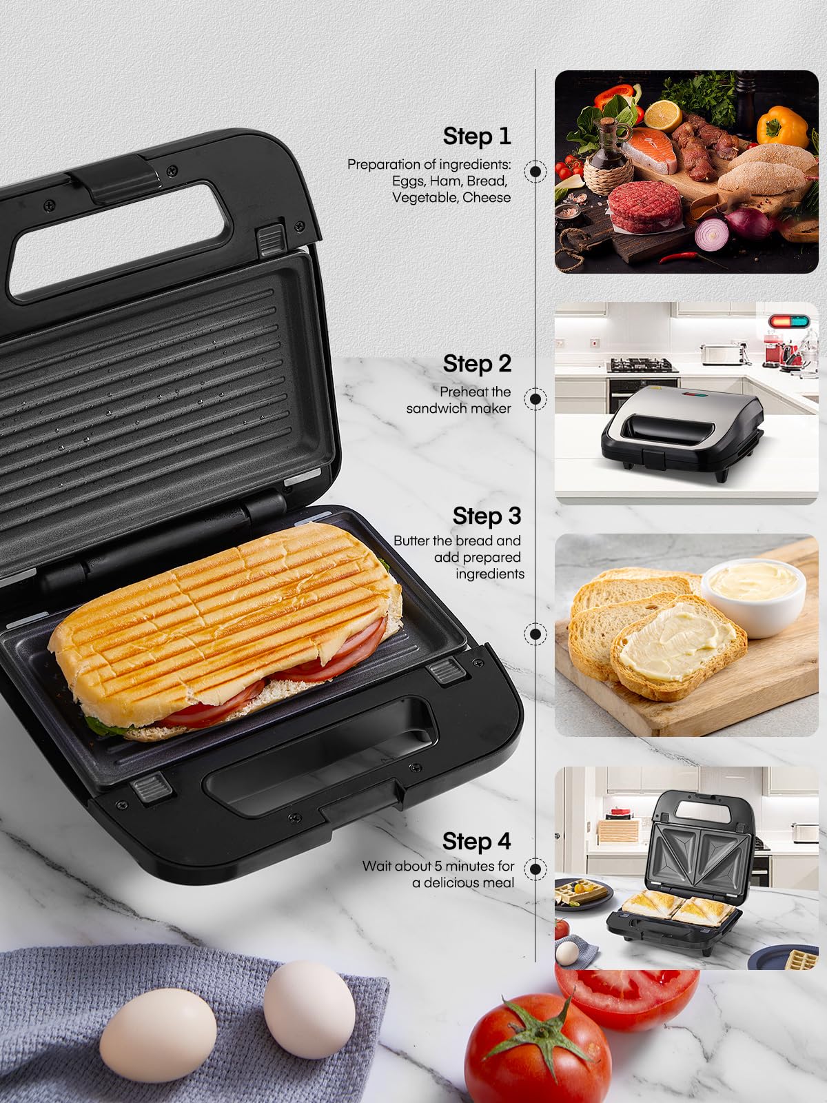 Gaufrier 6 en 1, Appareil Croque Monsieur, 750W Multifonctions Machine Électrique, 6 Plaques Antiadhésives et Détachables, Cuisson Double Face,Thermostat Automatique