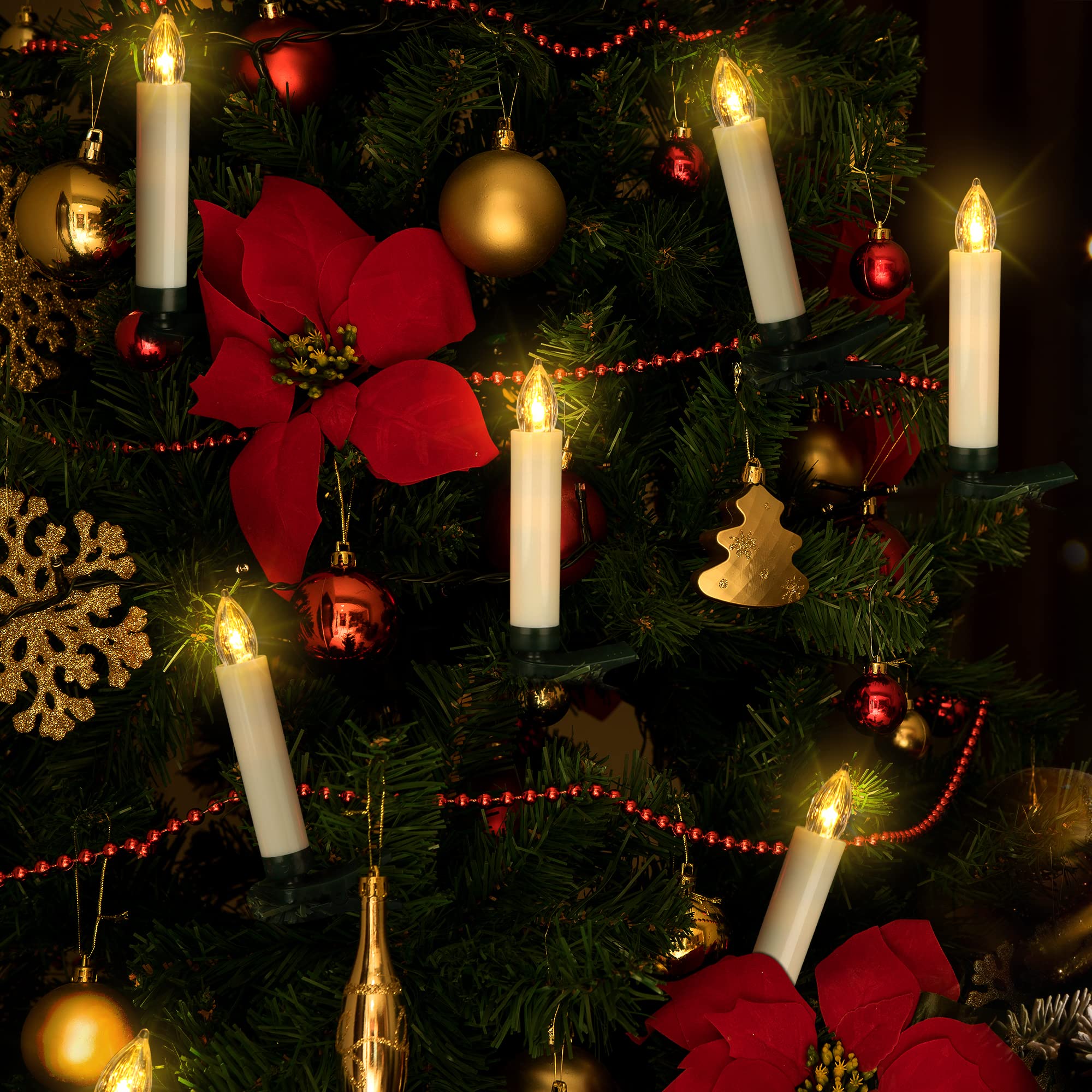 yunsheng 40 Stk Weihnachten LED kerzen, Kabellose Weihnachtsbaumkerzen mit Fernbedienung Timer, Batteriebetriebene Flammenlose Flackern Christbaumkerzen lichterkette, IP64, (Enthält 40 AAA-Batterien)
