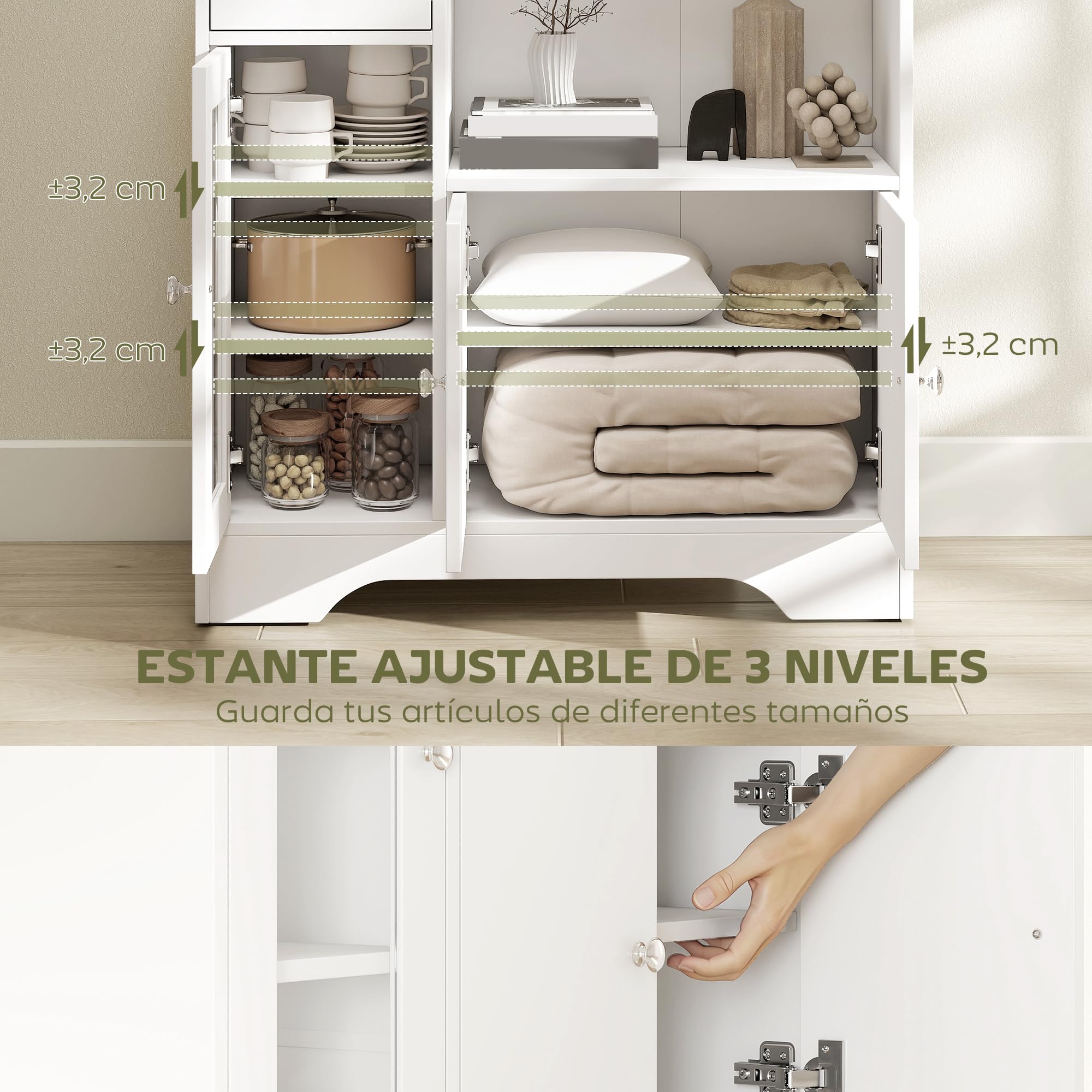 HOMCOM Aparador Blanco Aparador de Cocina Moderno con Puerta de Vidrio Cajón Estante Abierto y Baldas Ajustables Mueble Auxiliar de Almacenaje para Comedor Salón 80x30x82 cm Blanco | Puerta de Vidrio, Cajón, Estante Abierto, Baldas Ajustables, Mueble Auxi