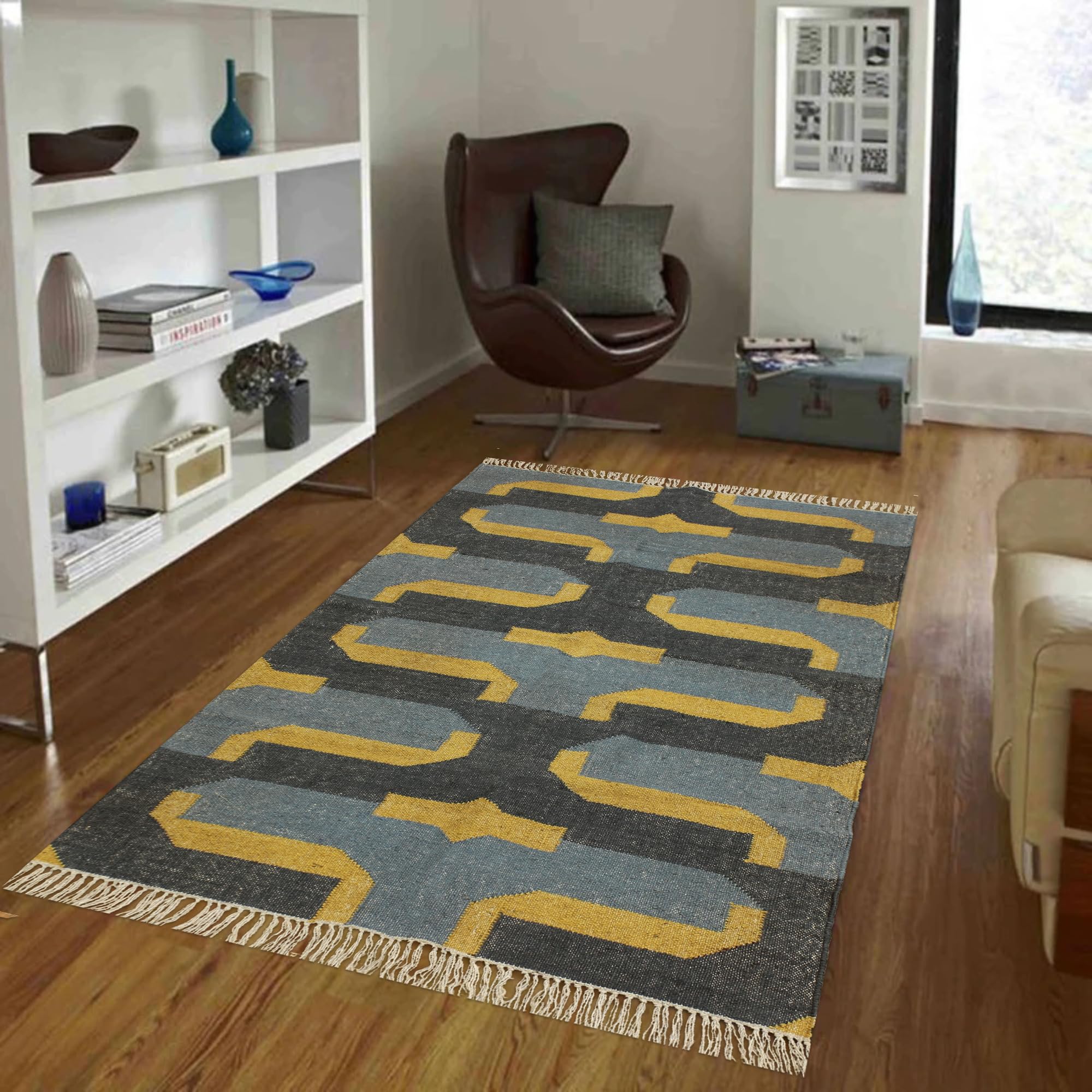 Tapis en laine musterd et jute tressée 122 cm, revêtement tissage plat réversible
