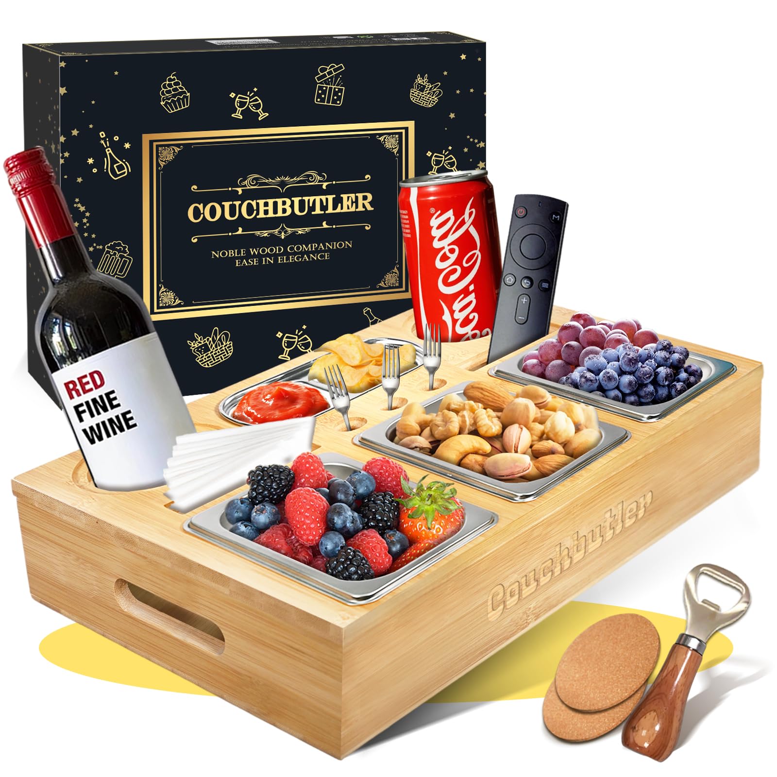 Couchbar Snackbox, Couch Bar Snackbar mit Geschenkbox, Sofa Tablett mit 3 Snackschalen, Sofatablett Snackbox mit Flaschenöffner, Snackbar Couch mit Abnehmbarer für Sofa, Bett, Camping
