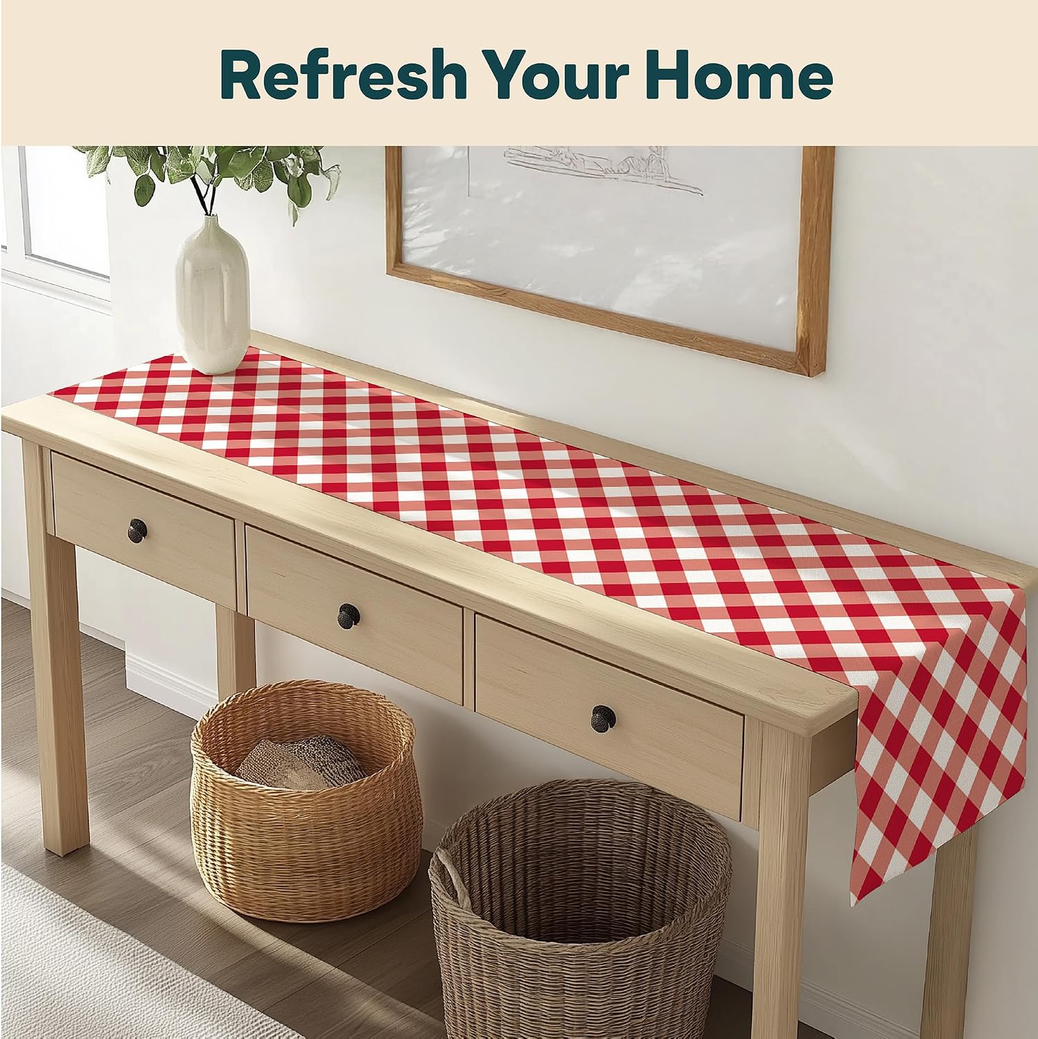 Gingham Table Runner | Made in America | Checkered Red White Table Runner | Washable, Stain & Wrinkle Resistant | Summer Table Decorations for Home | 14 x 72 Inches Long