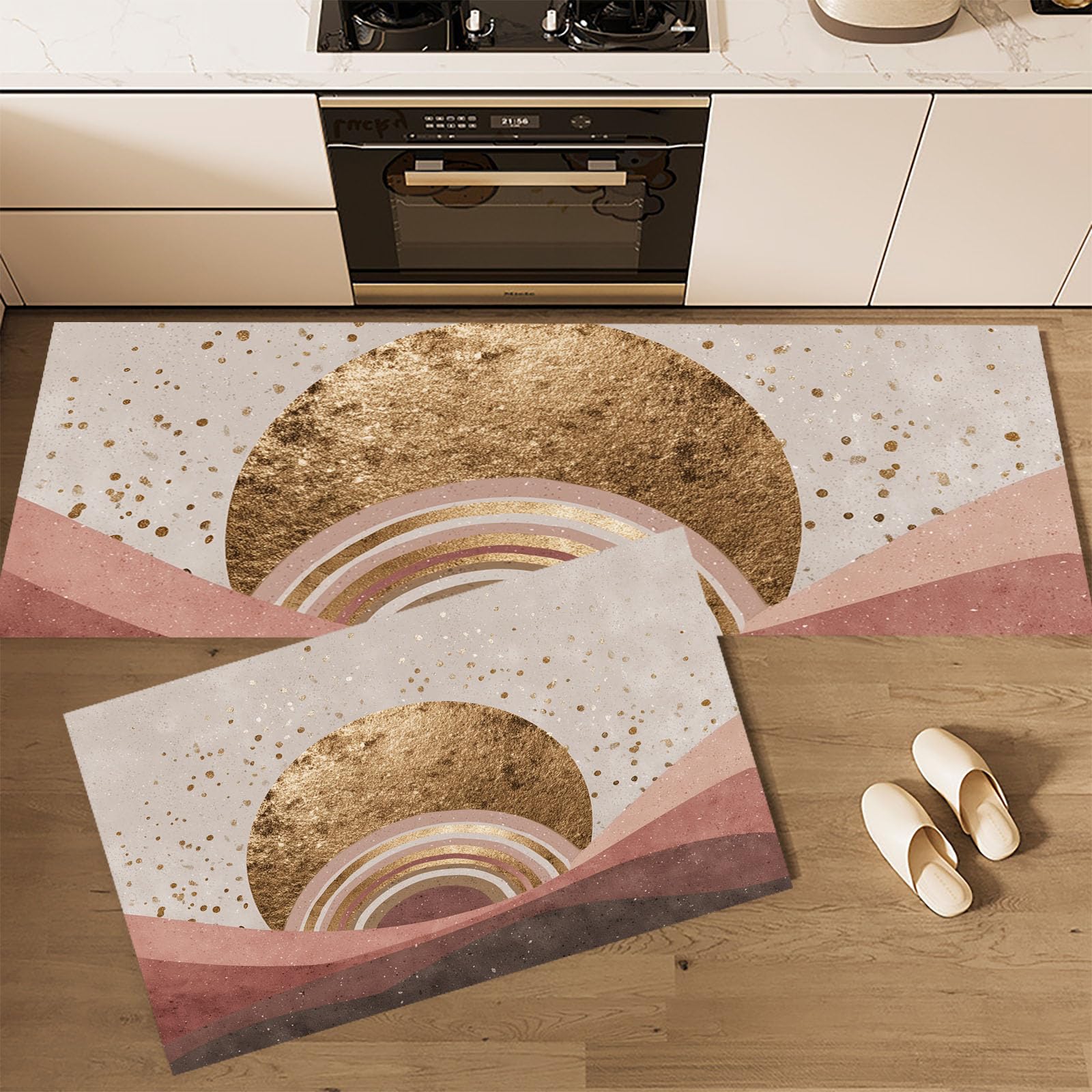 Tapete de cocina antifatiga beige con lámina dorada de lujo y base antideslizante