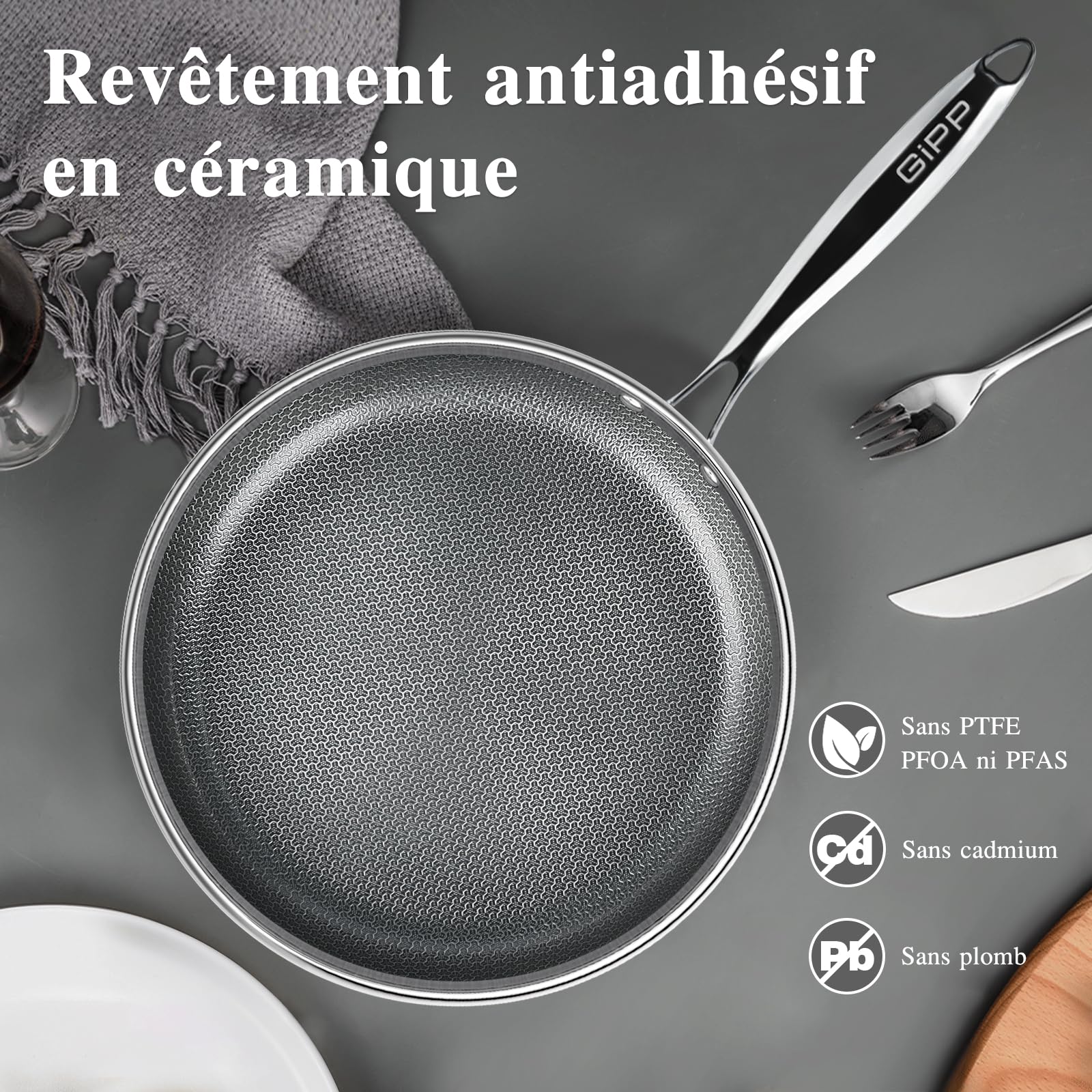 GiPP Poêle Antiadhésive, Acier Inoxydable à 3 Couches, Série Haut de Gamme | Sain et Non Toxique, Diffusion de Chaleur Homogène, Manche Restant Froid, Tous Feux Lot, Lave-vaisselle et Four, 26 cm