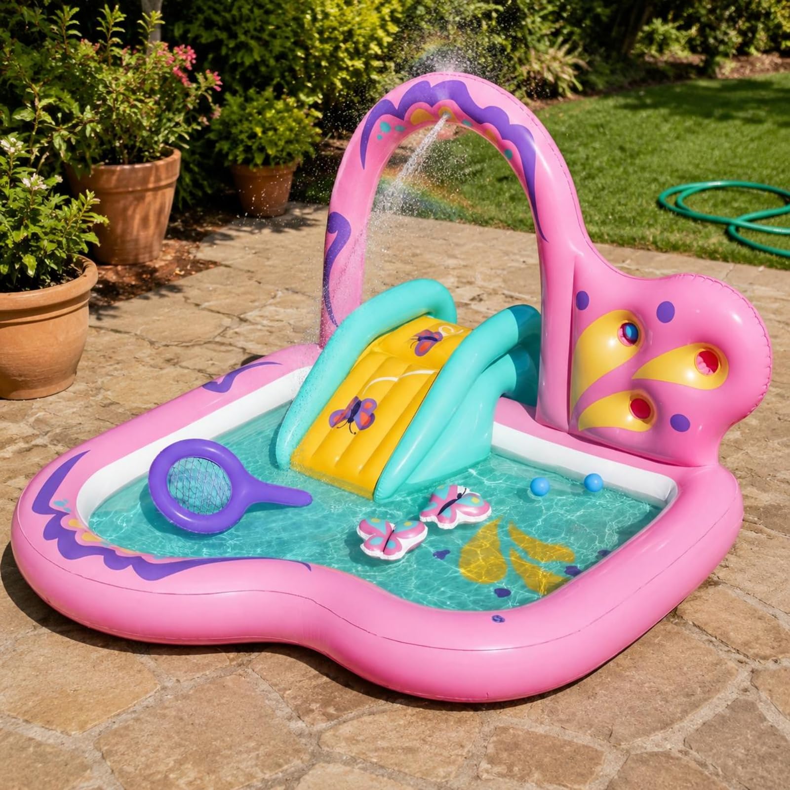 Piscine Gonflable Papillon Gonflage Rapide Bassin de Jeu avec Toboggan Structure Sécurisée Parc Aquatique pour Enfants