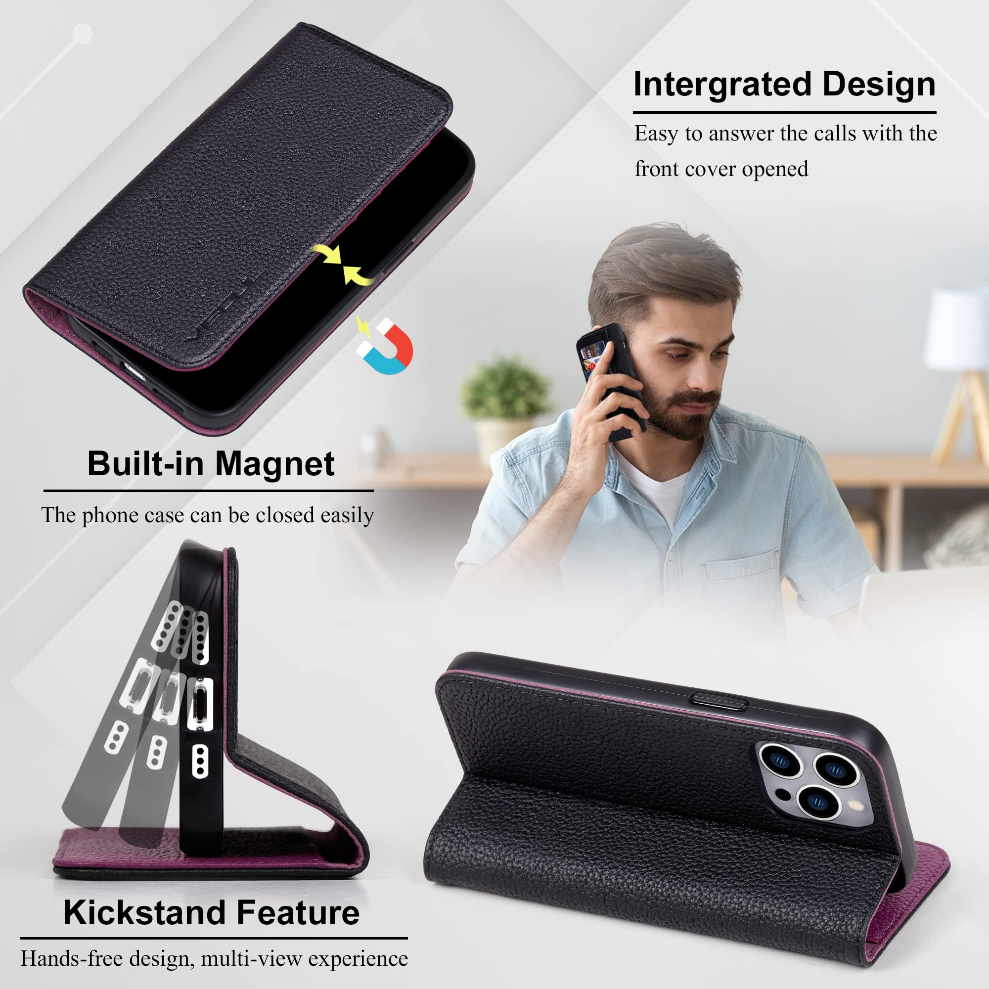 VISOUL Étui portefeuille en cuir grainé avec porte-cartes pour iPhone 14 Pro pour homme et femme, étui portefeuille à rabat magnétique avec blocage RFID compatible avec iPhone 14 Pro (6,1")