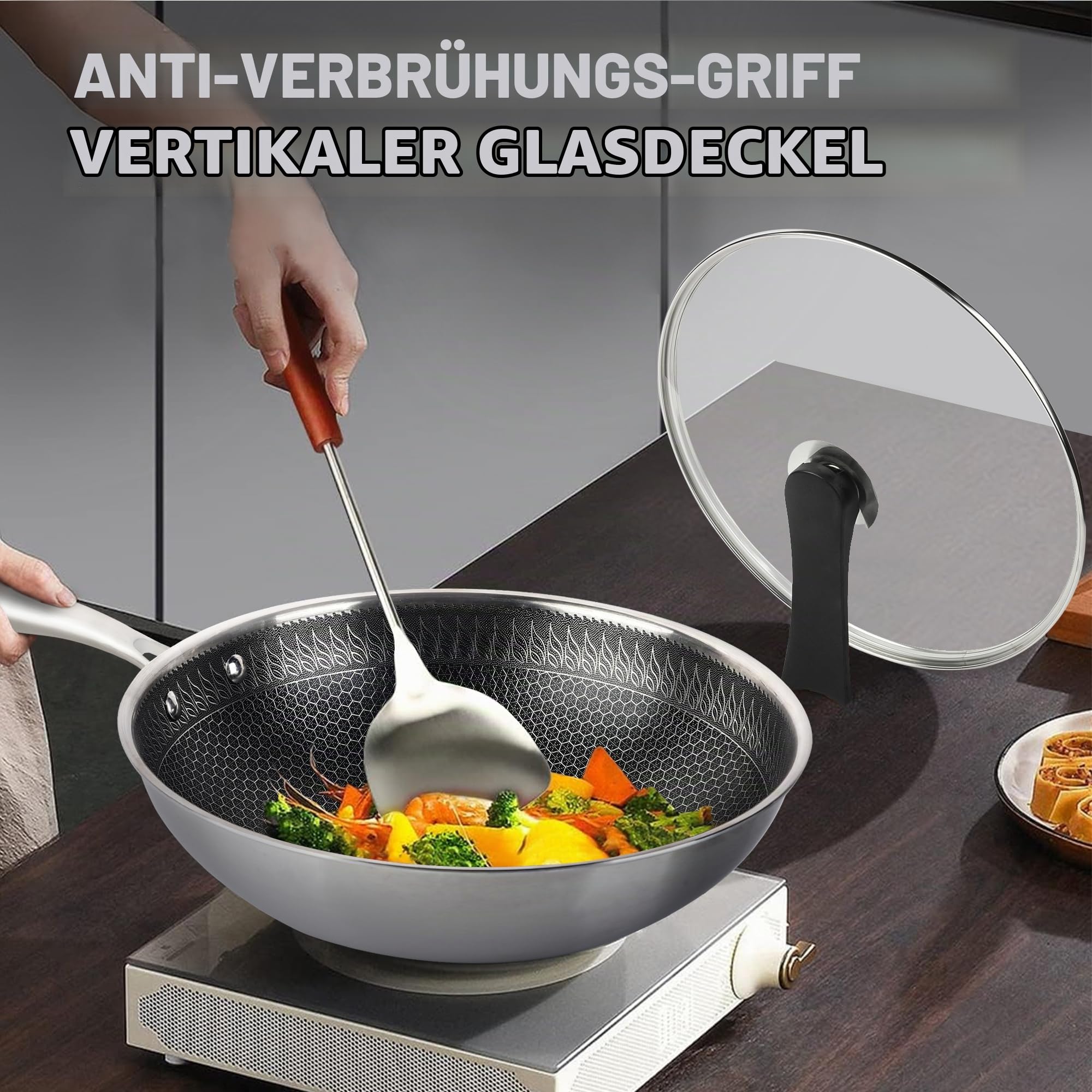 RIOVARM 32cm Edelstahl Wok mit Deckel, Antihaftbeschichtung Flacher Boden Wok-Pfanne, Dreilagig Honigwaben-Struktur, Spülmaschinenfest, Backofenfest, Funktioniert mit Induktion, Gas-Kochfeldern