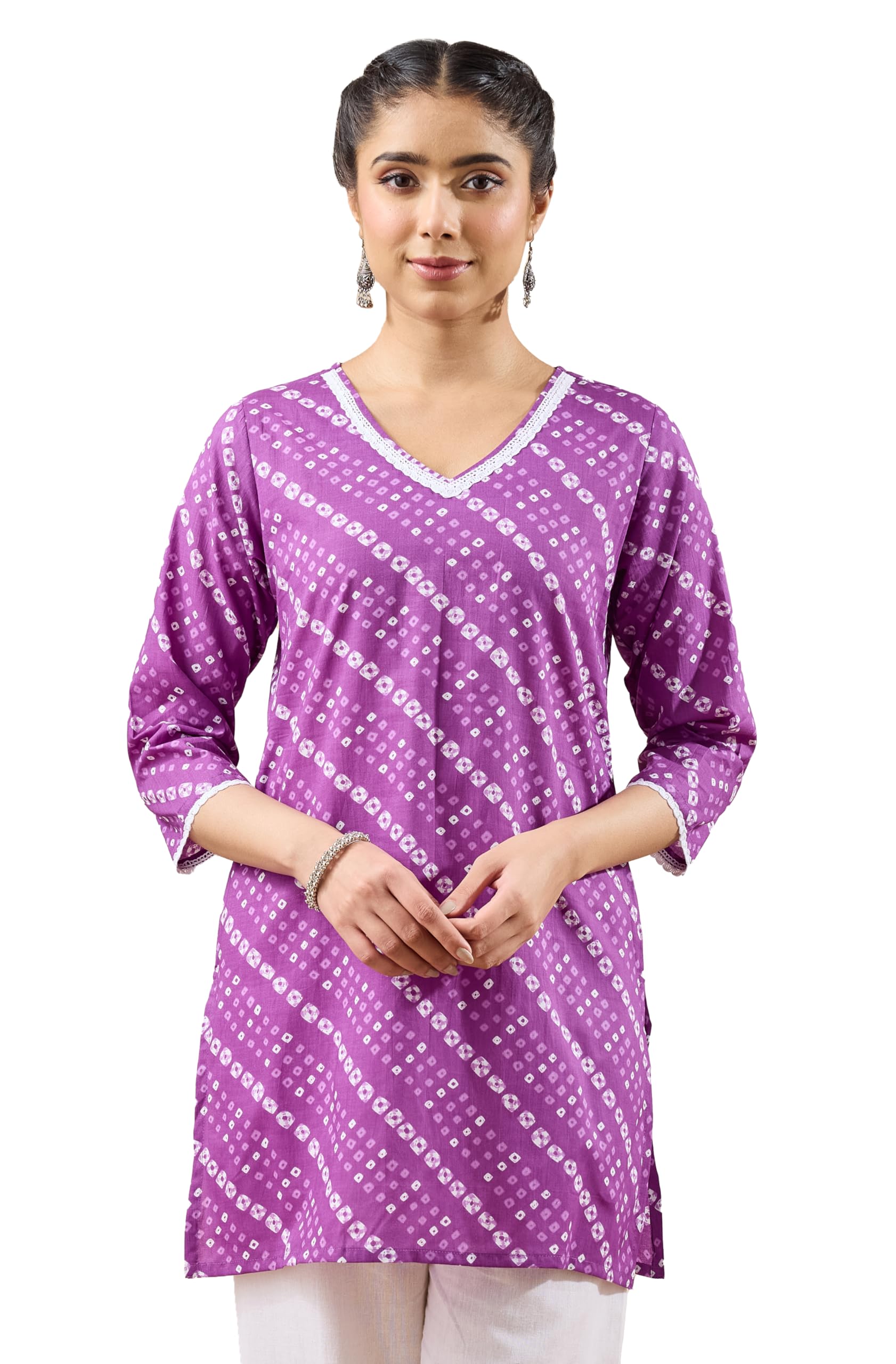 janasya Women's Purple Pure Cotton Bandhani Printed Straight Tunic-picture-32