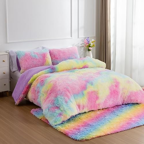 Miniatura 2 de A Nice Night Juego de funda de edredón de pelo sintético lanudo y esponjoso, estilo teñido anudado, juego de ropa de cama de terciopelo cristalino