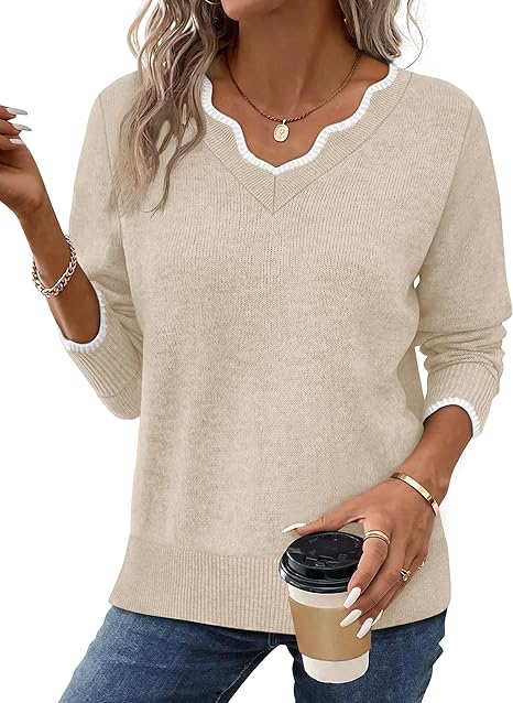 OFEEFAN Womens V Neck Sweaters Pullover Cozy Lightweight Sweaters Long Sleeve Tops Fall Outfits 2025