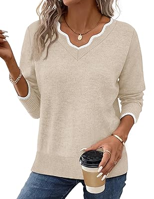 OFEEFAN Womens V Neck Sweaters Pullover Cozy Lightweight Sweaters Long Sleeve Tops Fall Outfits 2025