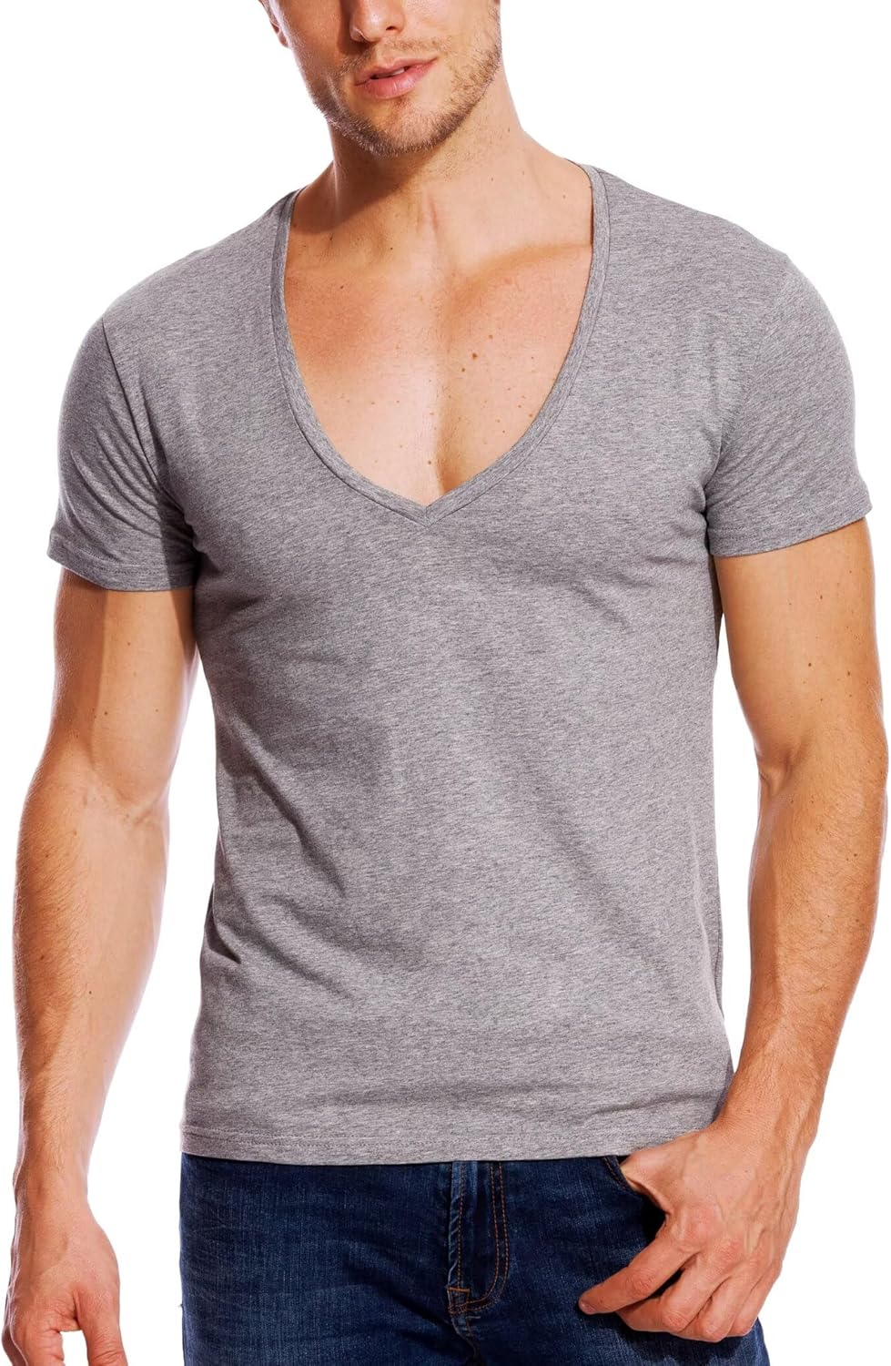 Zecmos V Neck T Shirts Men Deep V Neck Tee Muscle Slim Fit Low Cut Stretch Tshirt