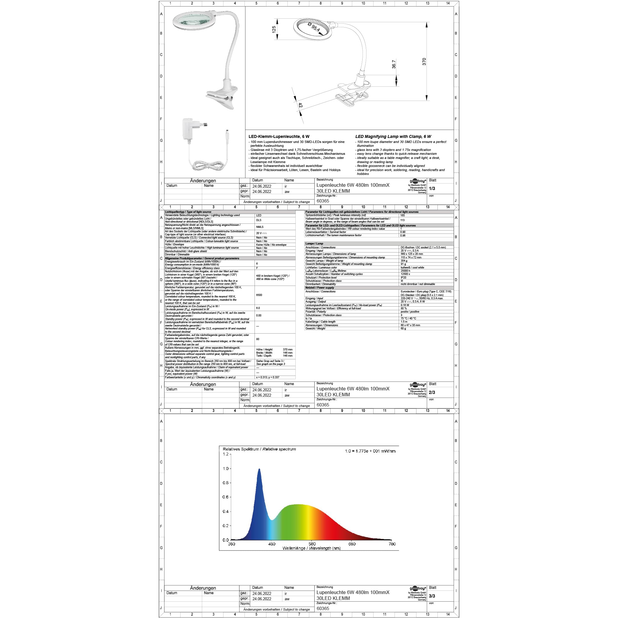 goobay 60365 Lampada di ingrandimento LED con pinzetta/lampada ingrandimento in plastica / 6W consumo/temperatura di colore 6200K / flusso luminoso 480lm / tensione di servizio 230V (AC) / bianco