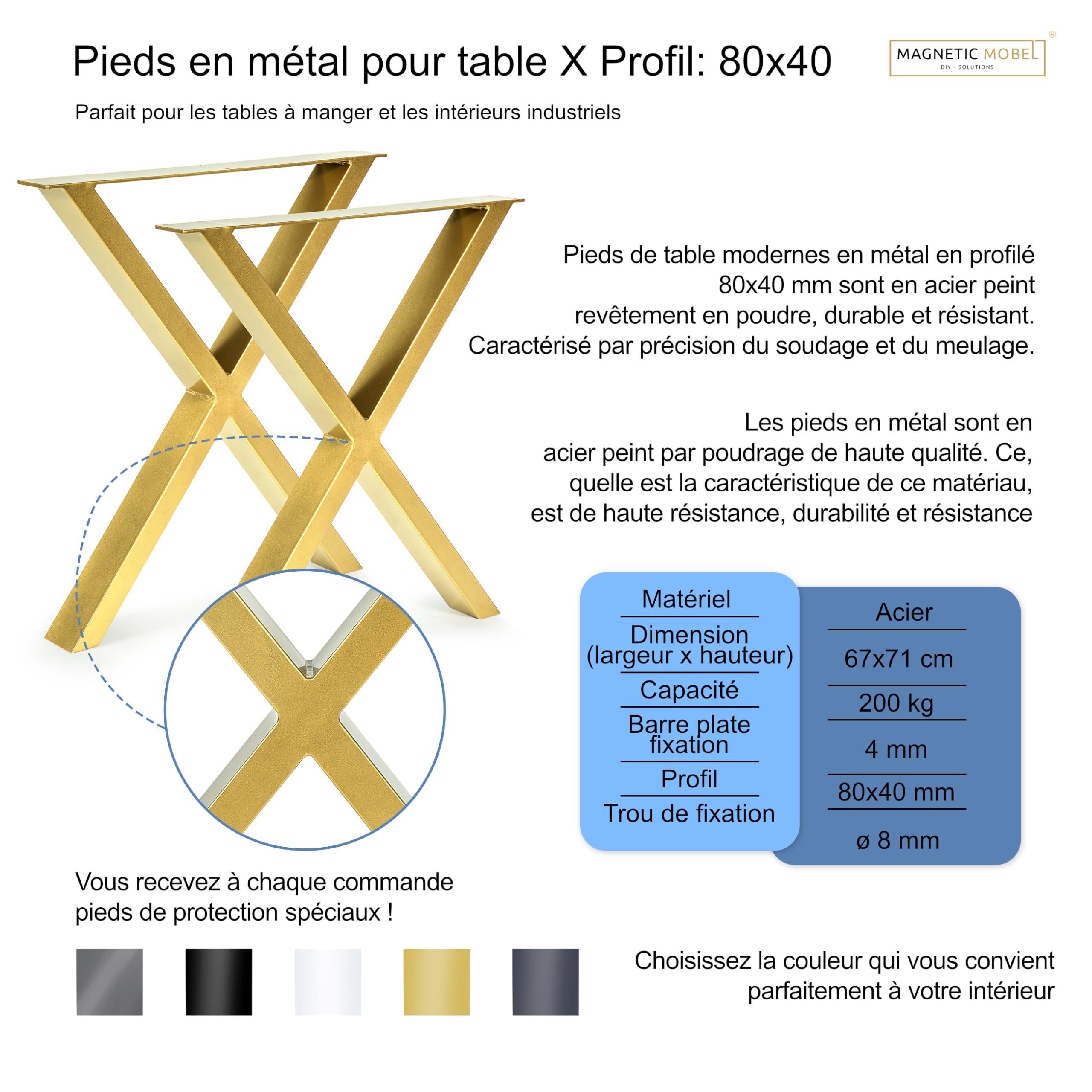 Magnetic Mobel Set de 2 Pieds de Table Pied de Meuble Métal revêtu par Poudre 'X' Conception (d'or, L64 x H72 cm)