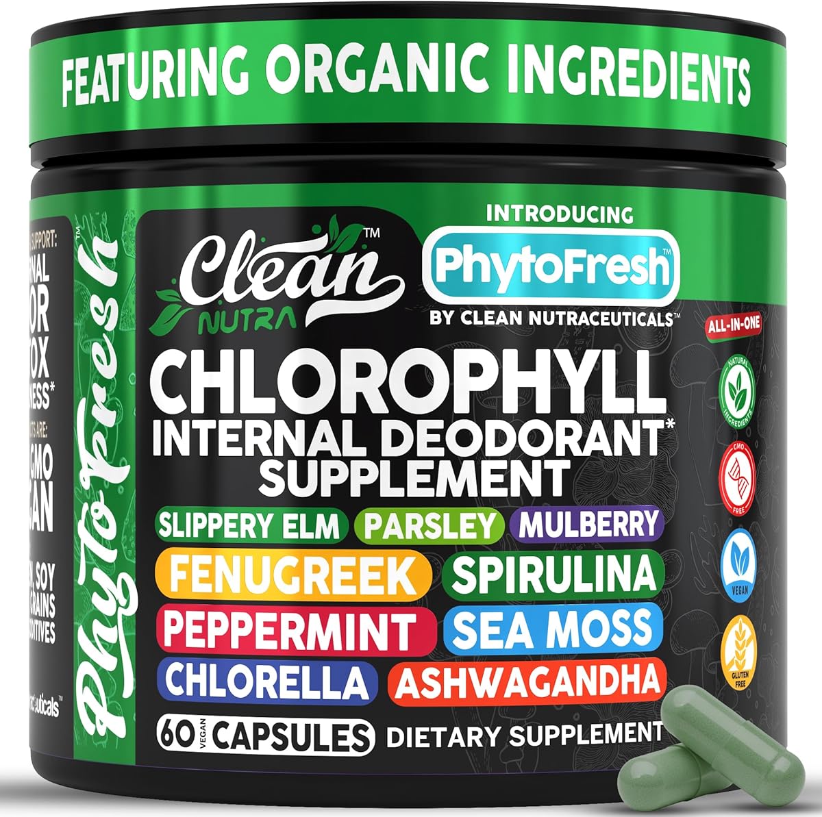 Clean Nutra Chlorophyll Capsules Supplement Internal Deodorant Peppermint, Sea Moss, Parsley, Chlorella, Spirulina, Slippery Elm, Ashwagandha, PhytoFresh Greens Detox Pills