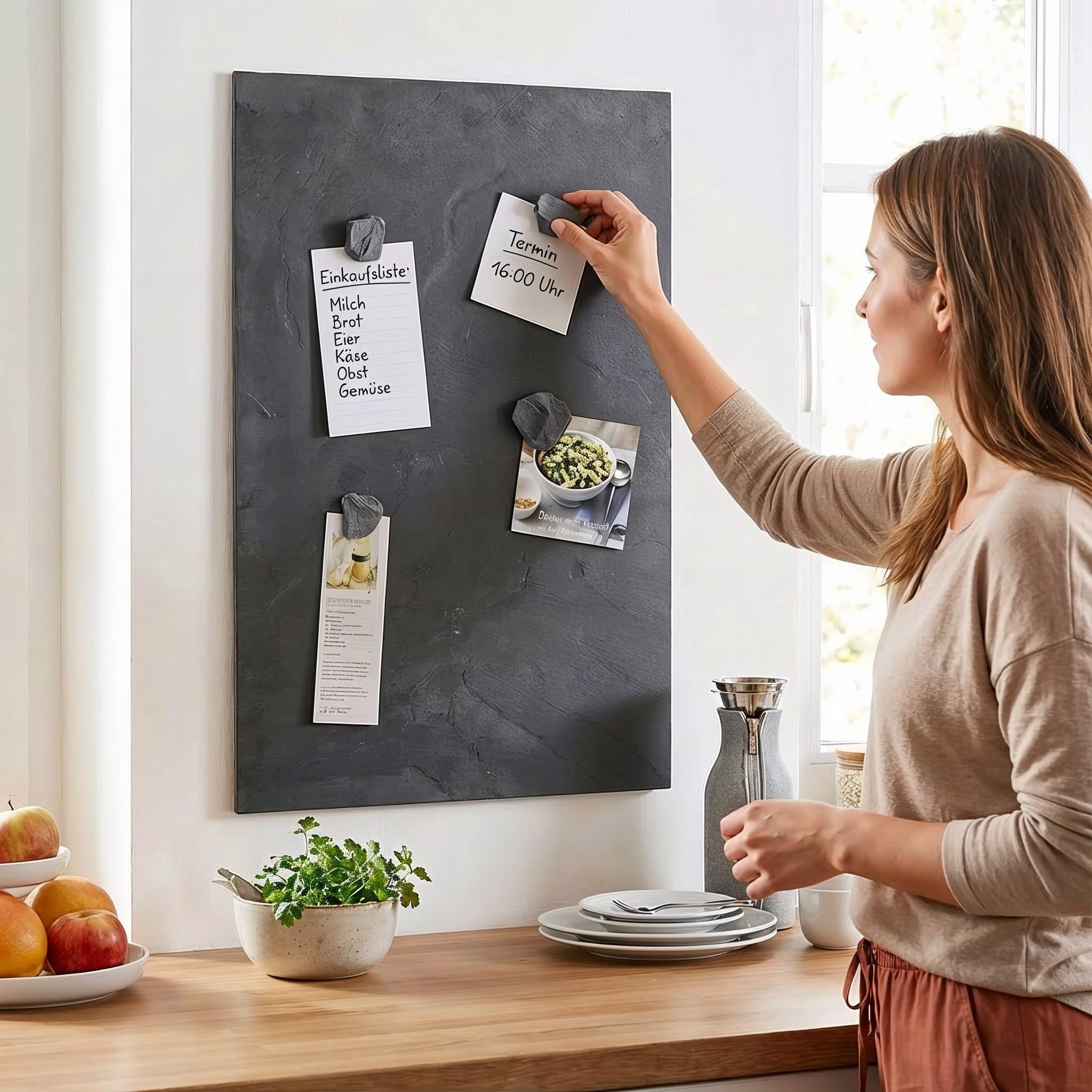 Magnettafel Schiefer 4 In 1 (Magnetwand+Kreidetafel+Pinnwand) Naturstein Magnetboard inkl 1 x Steinmagnet und 1x Kreidestück in verschiedenen Steinarten und Größen (Grey Impact, 80cm x 61cm)