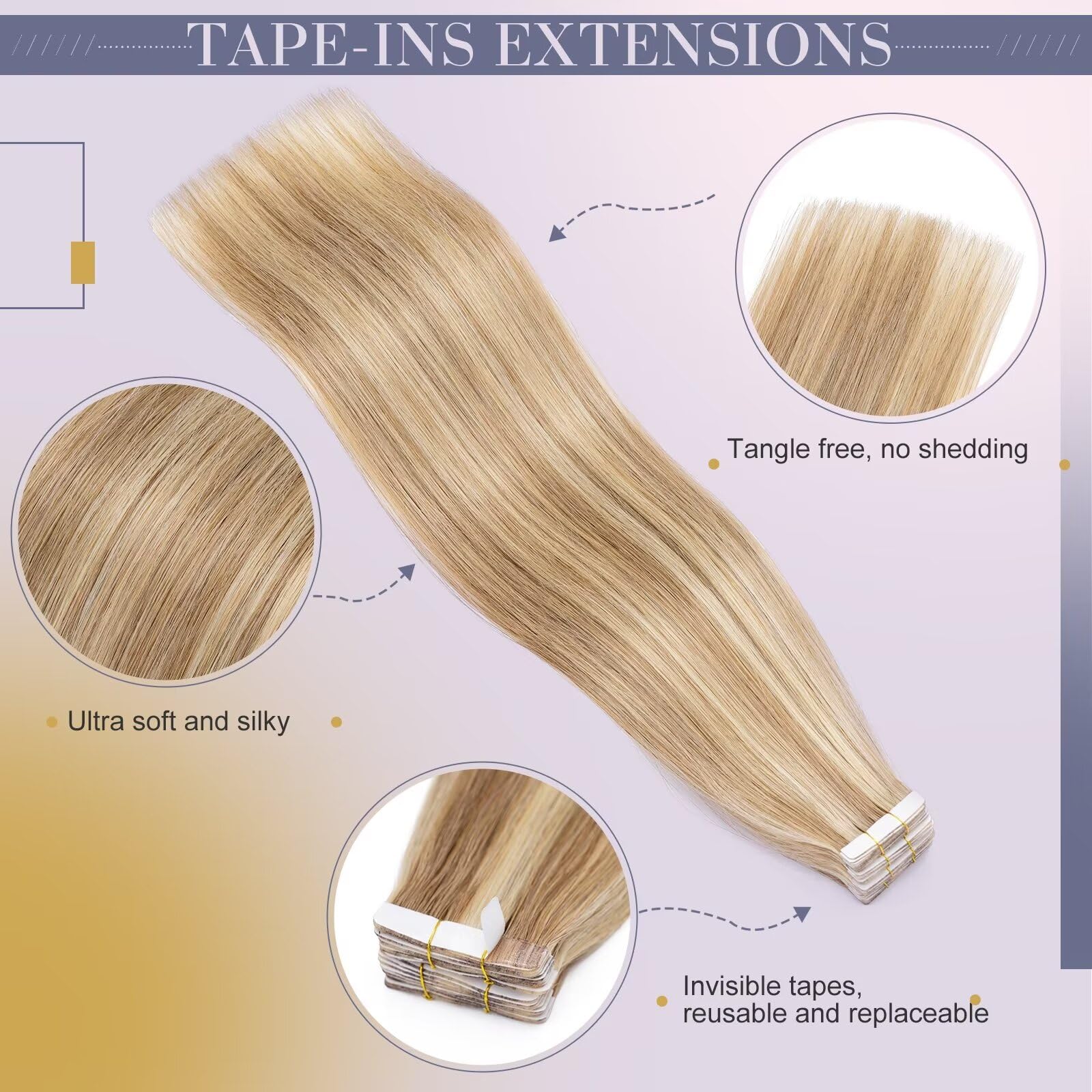 UK-Fashion-Shop 20 PCS Tape in Hair Extensions Blonde Real Remy Human Hair Extension tape in Straight Skin Weft Seamless 50g (18Inch 12/613 Golden Brown with Bleach Blonde) - Image 3