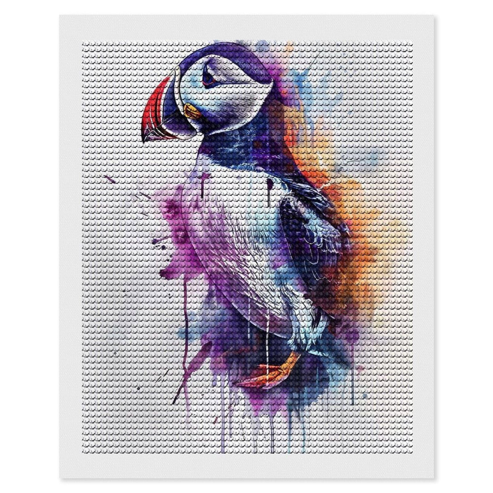 Junmoney Atlantic Puffin Watercolor Diamond Painting Set 16"x20", Modern Decor, for Beginners, Printed Canvas, Thoughtful Handmade Gift, with Tool Kit