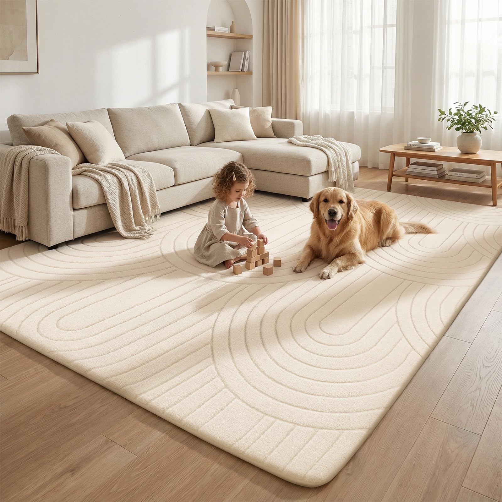 Treeboy Kurzflor Teppich Wohnzimmer, Teppich Groß 200 x 300 cm, 3D Halbkreismuster Carpet Beige Waschbarer Teppiche Schlafzimmer Flauschige Rugs, Teppiche Gegend Mit Rutschmatte