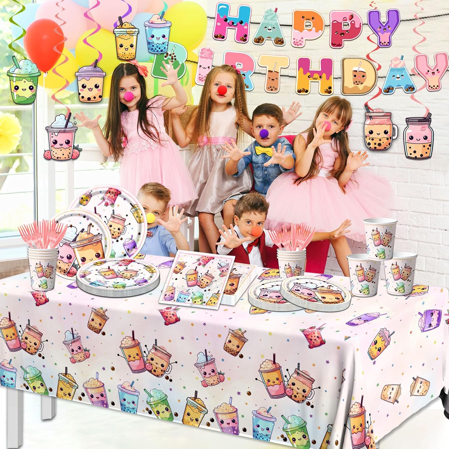Boba Tea Party Decorations,Bubble Tea Birthday Tableware Set Include Boba Tea Plate Napkins Cups Banner Tablecloth and Boba Tea Hanging Swirls for Boba Birthday Party Decorations
