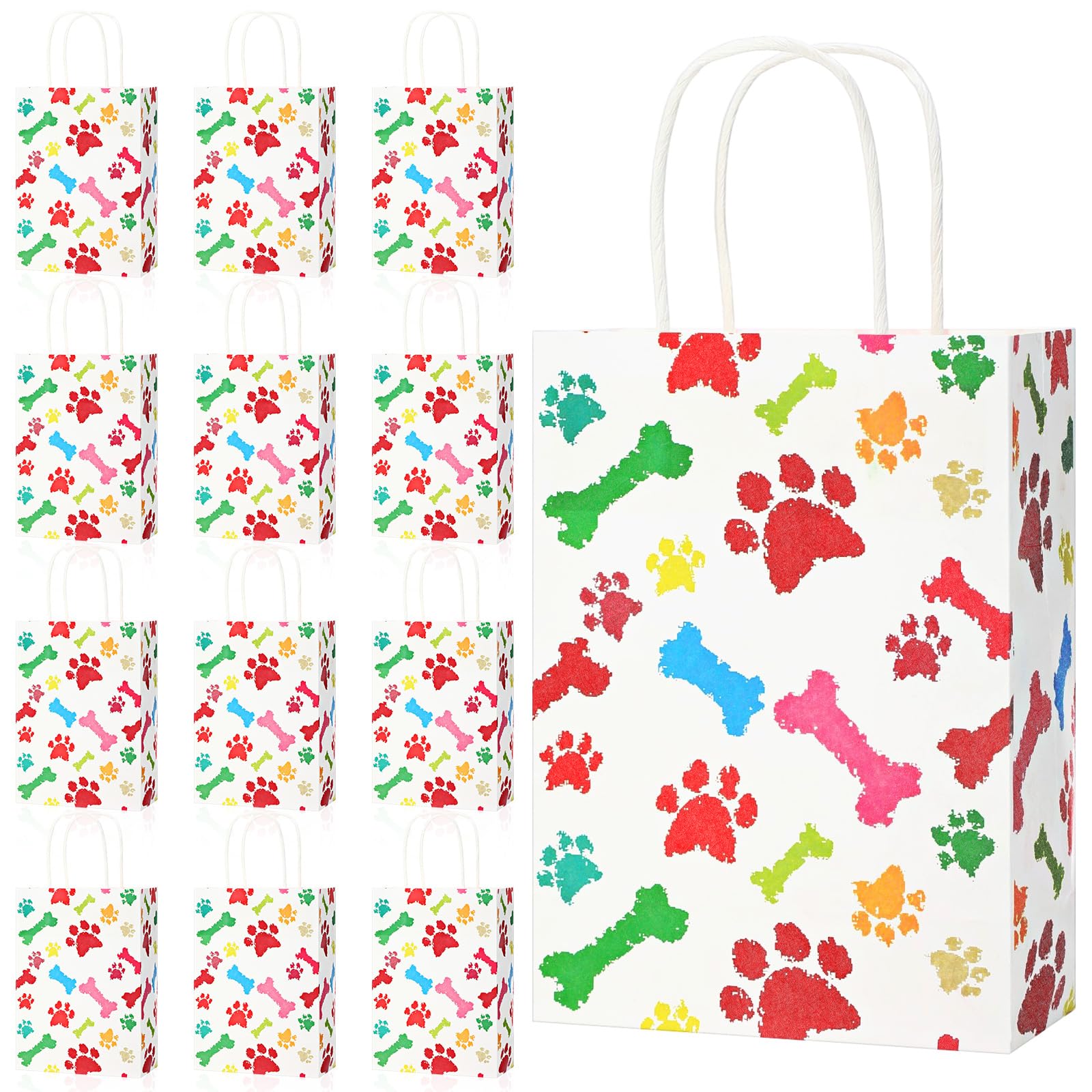 Locmeo 50 Pcs Paw Print Gift Bags with Handles Puppy White Dog Paw Print Paper Bag 8.27 x 5.91 x 3.15 Inch Pet Gift Kraft Bags Holiday Party Paper Bag