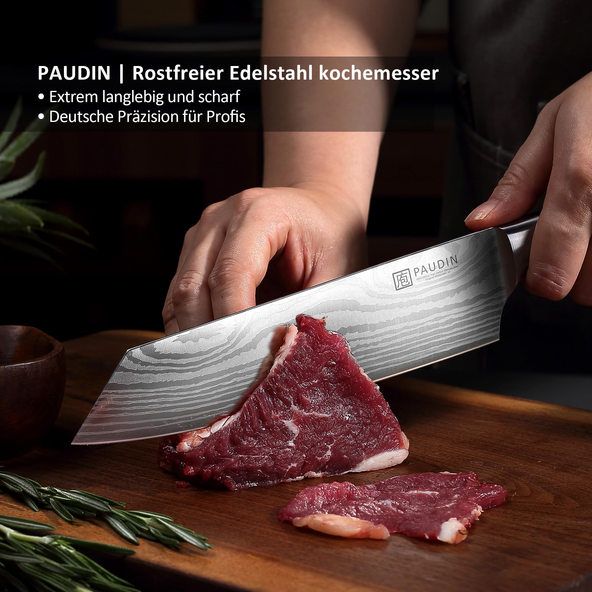 PAUDIN Coltello Santoku da 20 cm, coltello da chef giapponese Kiritsuke, coltello da cucina affilato in acciaio inossidabile ad alto tenore di carbonio, impugnatura ergonomica, perfetto per carne