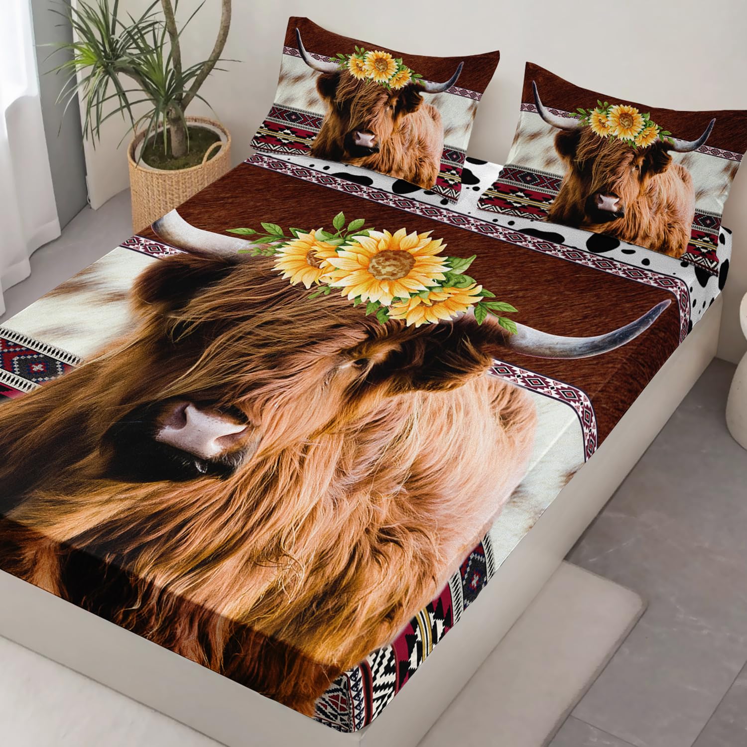 HOSIMA Highland Cow Decor Fitted Sheet with 2 Pillowcases,Animal Theme Western Bedding Sets,White Brown Cowhide Twin Bedding Sets for Adults Kids,Cow Floral Bed Sheets with Deep Pocket.