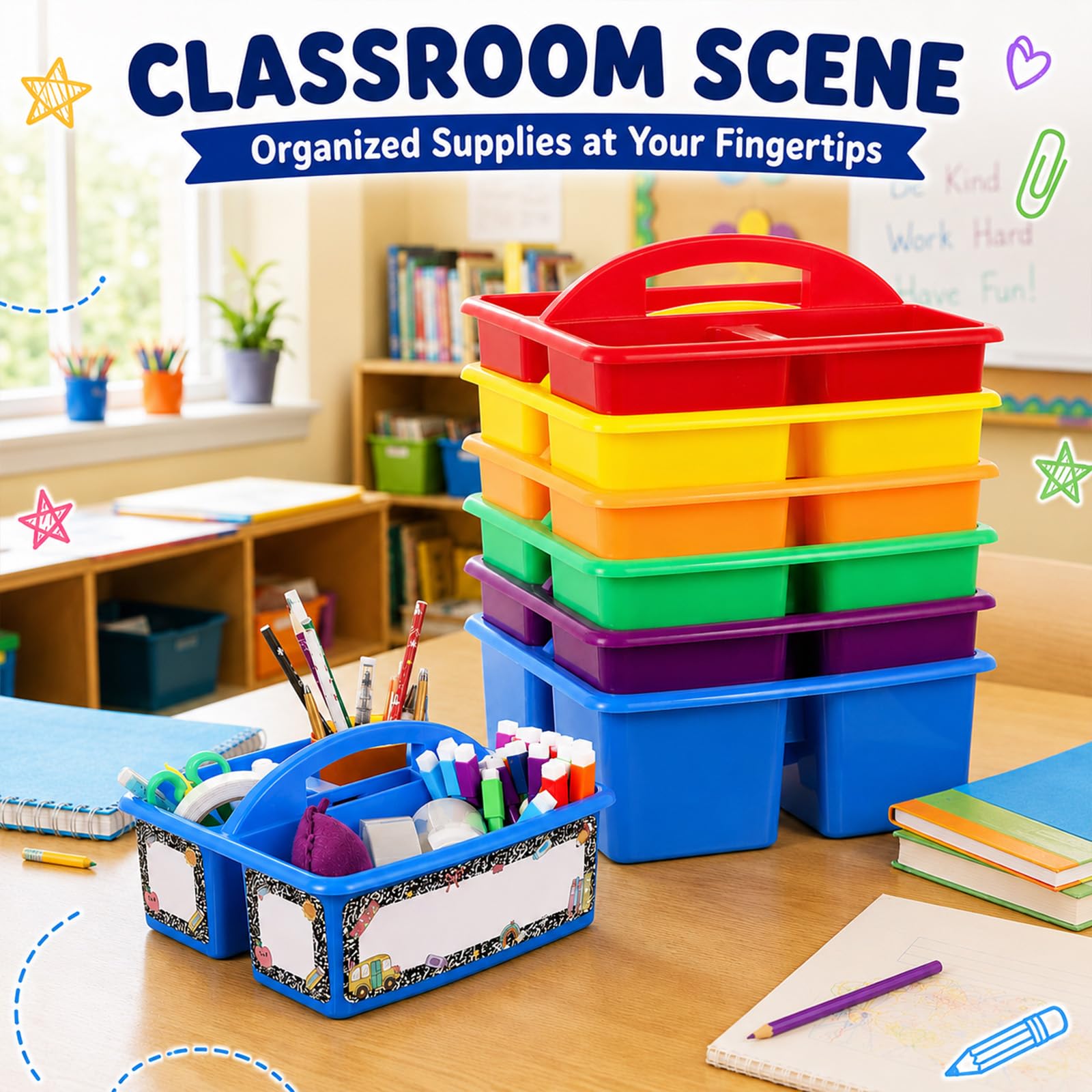 Confezione da 6 organizer colorati per aule con etichette adesive per quaderni, 3 scomparti, forniture per insegnanti, da tavolo, per scrivania, ufficio, artigianato, arte, scuola