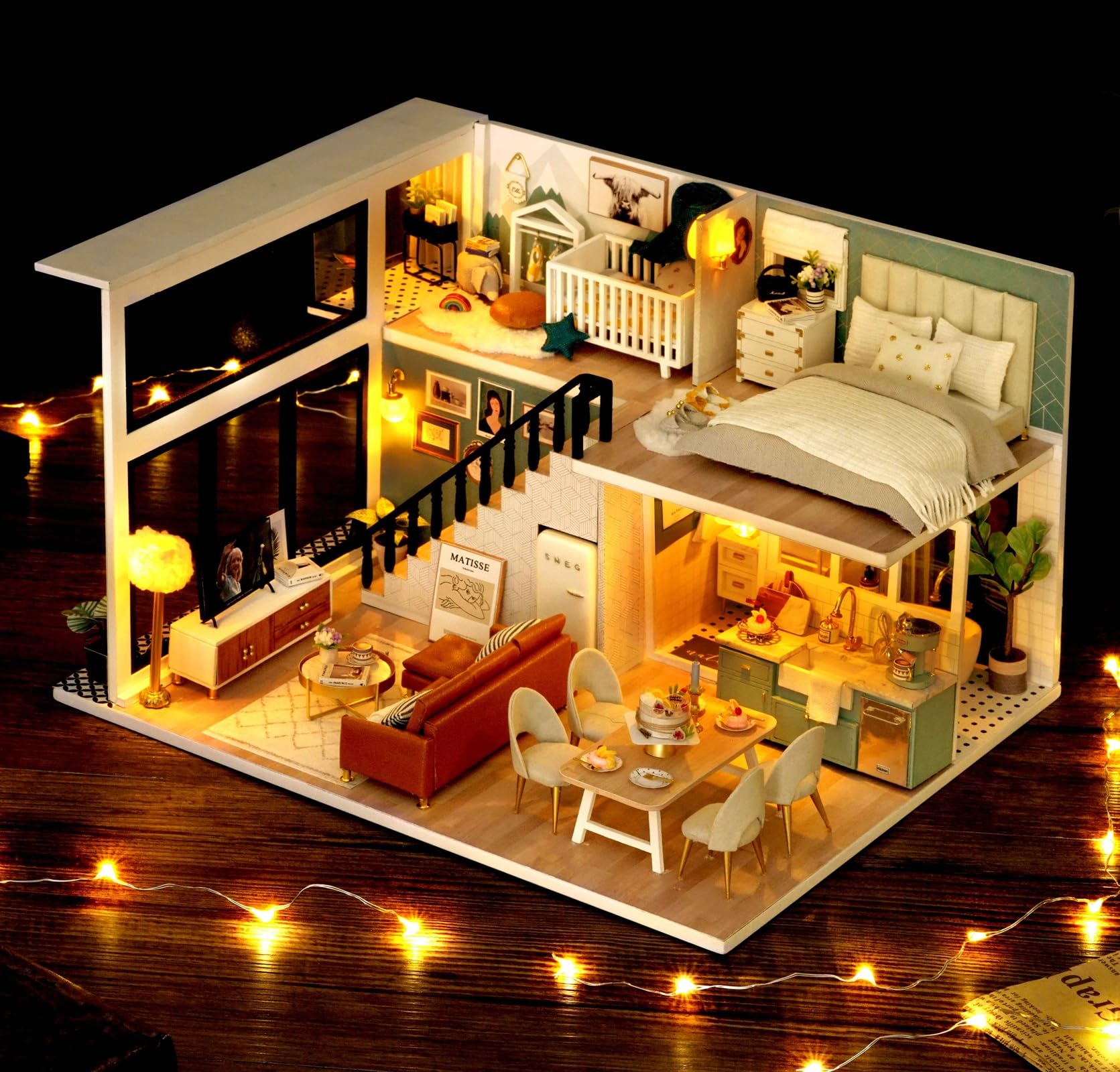 Hallisun DIY Miniature House Kit, Tiny 3D Wooden Double-Layer Apartment, Mini Dollhouse Building Kit with LED, Dustproof Cover & Music Movement, Creative Room Craft Gift for Adults, Family & Friends