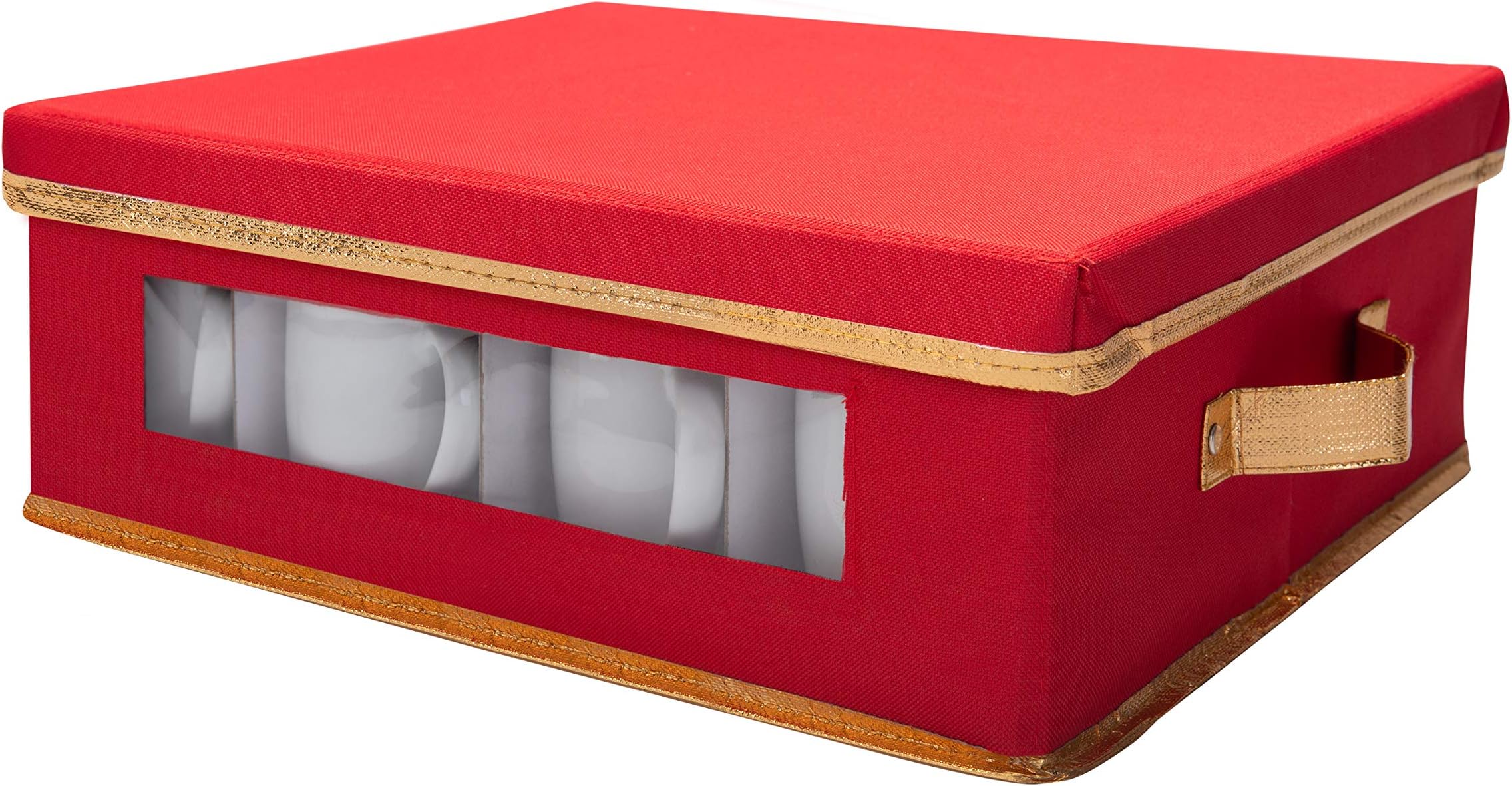 Simplify Holiday 12 Count Mug and Cup Storage Box | Christmas China | Cardboard Inserts | 4 x 4 Inch Compartments | Tableware Setting | Red