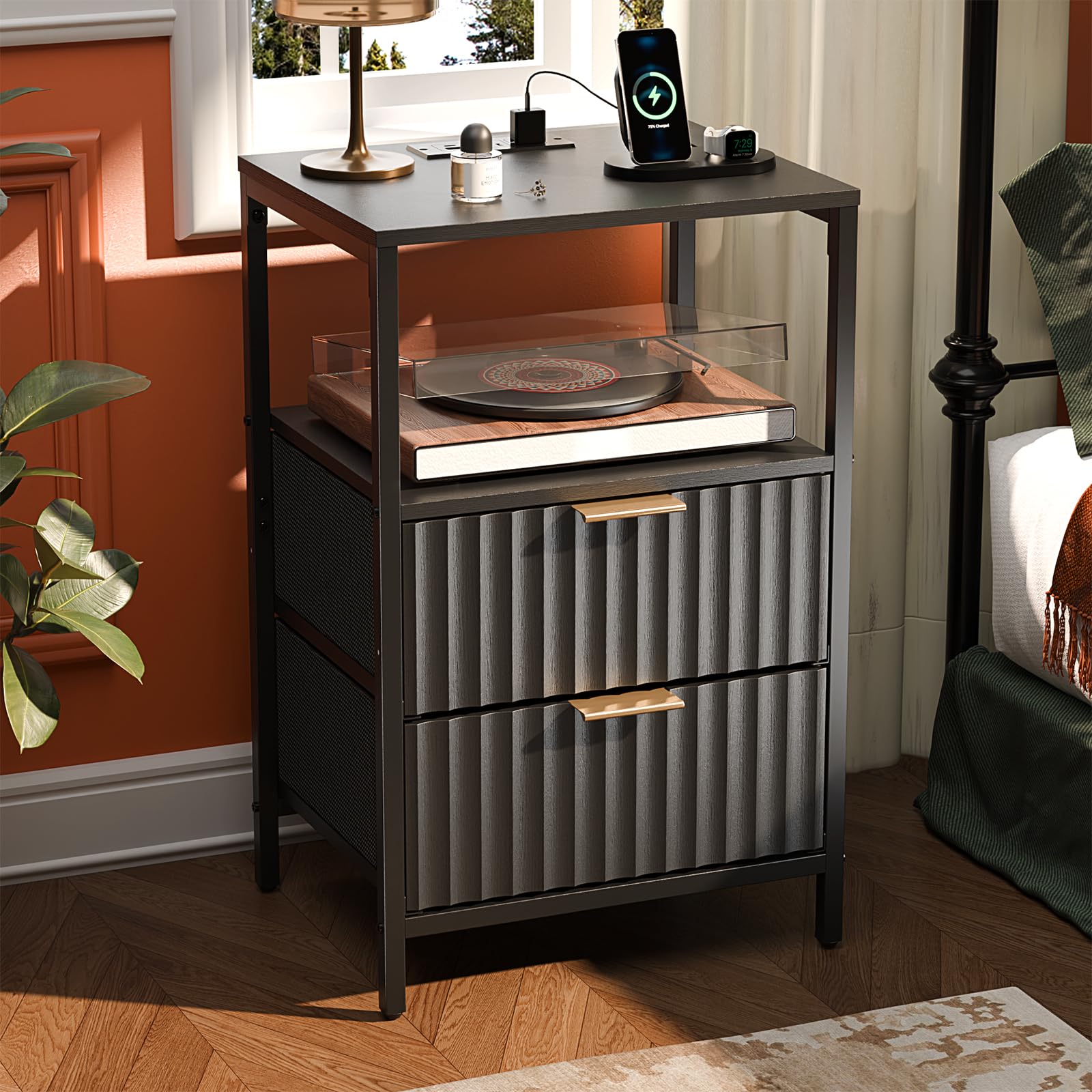 VINGLI Black Nightstand with Charging Station and Fabric Drawers, Fluted Night Stand with Drawers, Bed Side Table/Night Stand with Charging Station for Bedroom, Dorm, 14.96" W*11.81" D*23.78" H