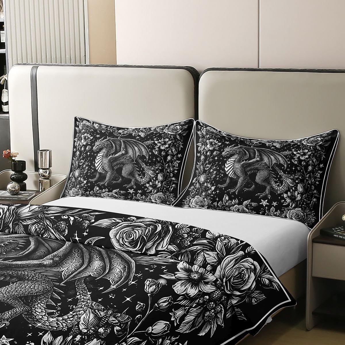 Drache Baumwolle Bettwäsche Set 135x200cm Personalisierte Drache Bettwäsche-Set Atmungsaktiver weiche Wilde Tier Thema Bettbezug Set 2Stück Rose Schlafzimmer Dekoration Mond