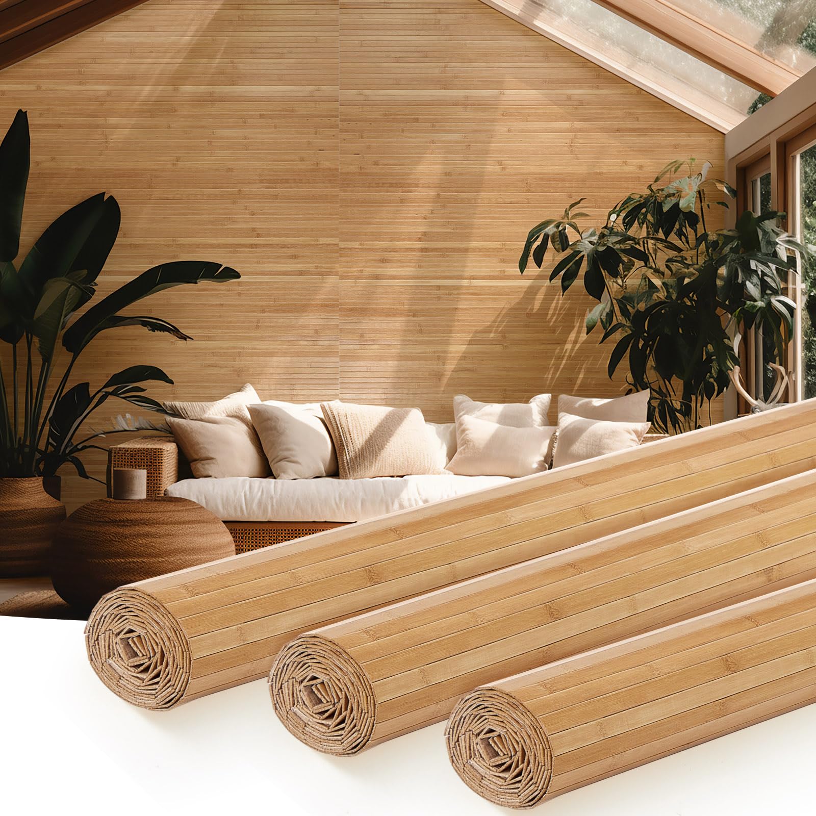 juexica 3 pcs natural bamboo wall panel for interior wall 48'' x 96'' bamboo covering renewable pole wainscoting room divider decor for bedroom living room kitchen island office (carbonized)