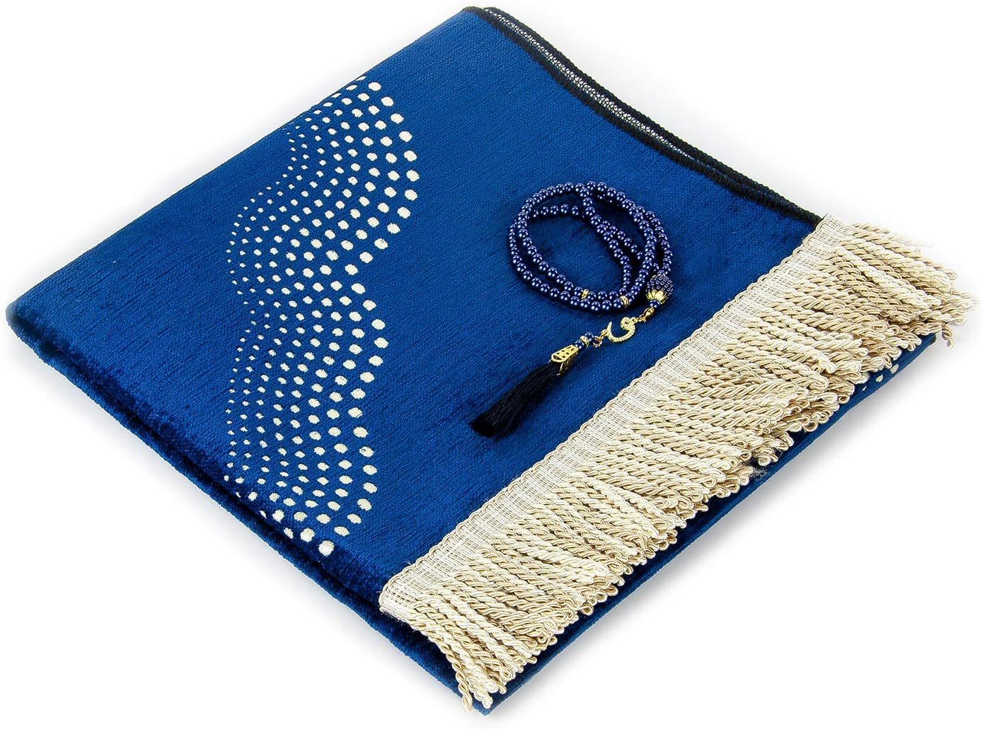 Muslim Prayer Rug with Prayer Beads | Janamaz | Sajadah | Soft Islamic Prayer Rug with Mihrab Design | Islamic Gifts | Prayer Carpet Mat, Chenille Fabric, Navy Blue