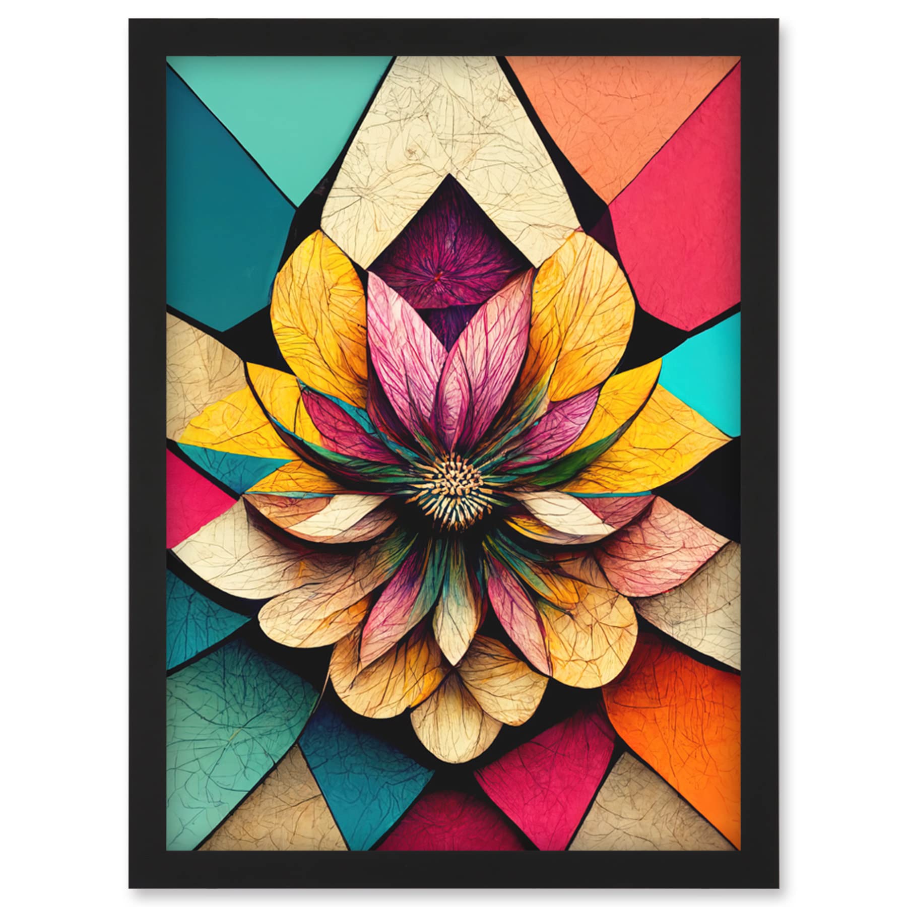 Doppelganger33 LTD Geometric Floral Mandala Bright Multicoloured Shapes Artwork Framed Wall Art Print A4
