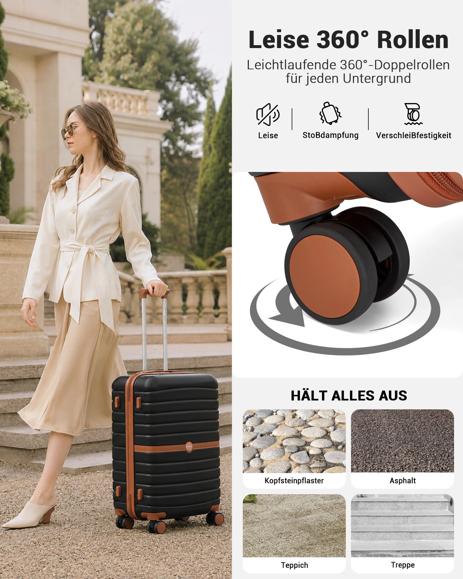 KONO Koffer Reisekoffer Trolley Handgepäck Koffer 55x40x20cm von ABS+PC Hartschalenkoffer mit Zwillingsrollen und Zahlenschloss(Schwarz/Braun, 55cm)