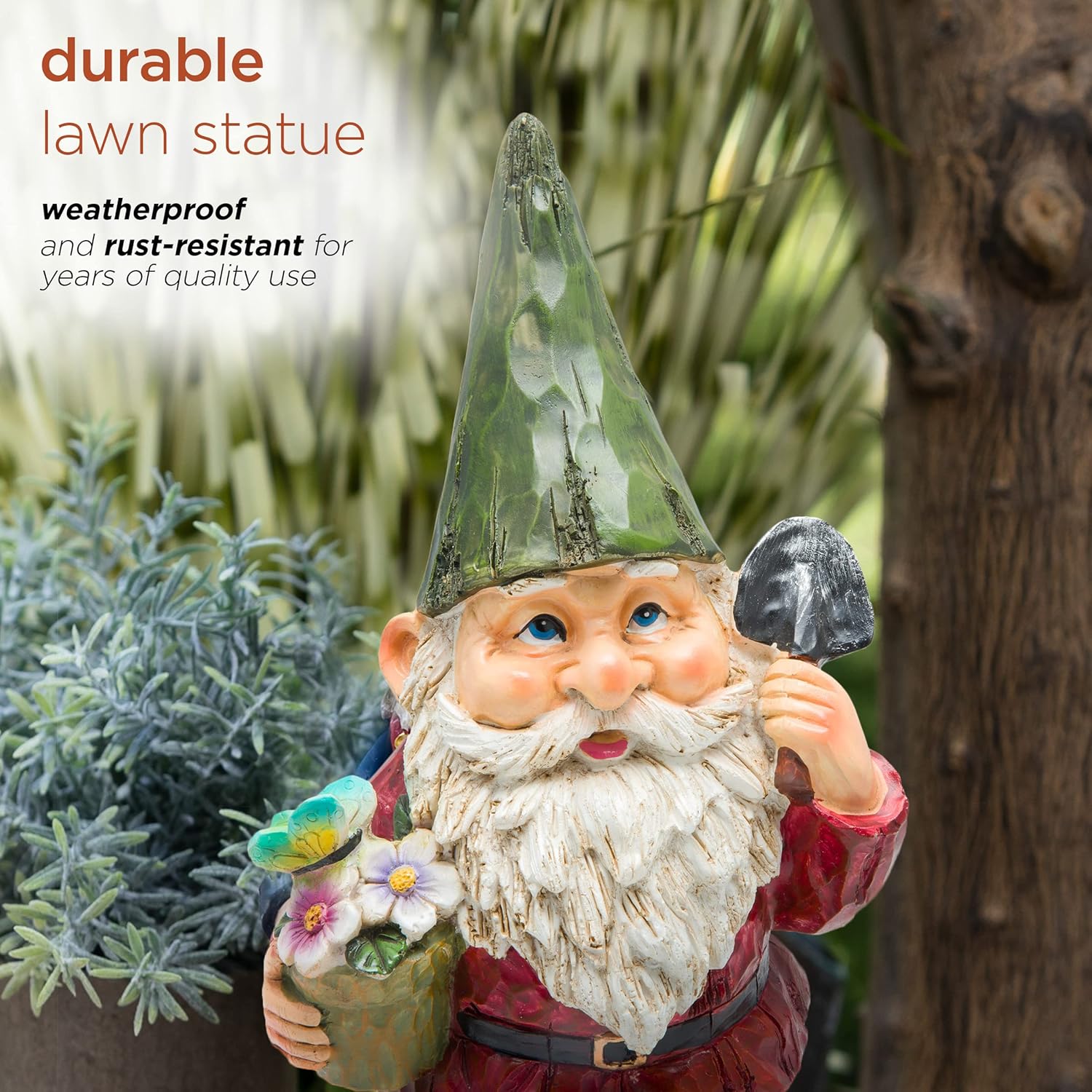 Alpine Corporation 12" Tall Outdoor Garden Gnome with Flower Pot Yard Statue Decoration - Image 7