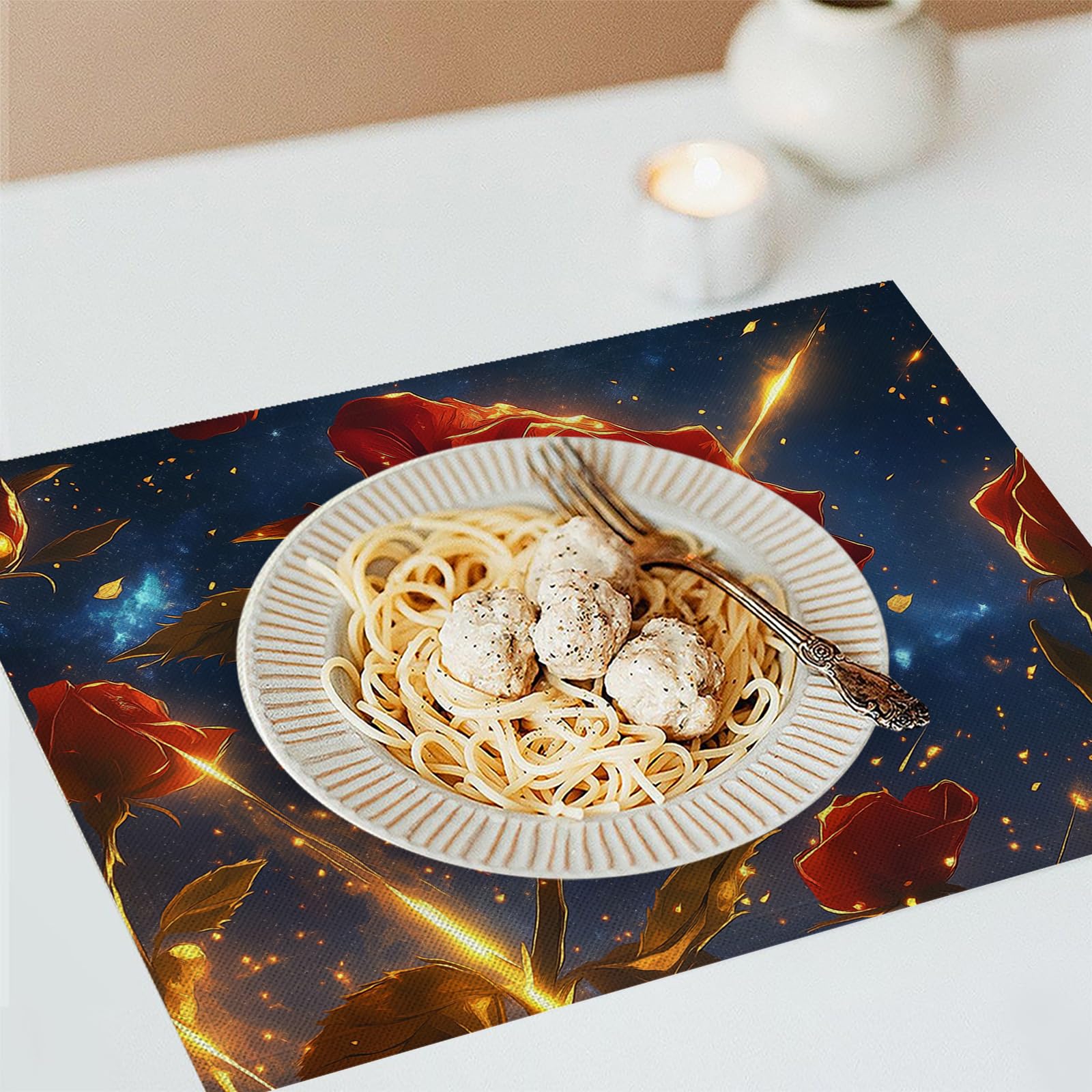 8 Pezzi Tovagliette Americana Cielo stellato - Tovaglietta Americane in Cotone e Lino Rose rosse e foglie dorate Lavabili Sottopiatto per Sala da Pranzo Tavolo da Cucina 45 ×30 cm