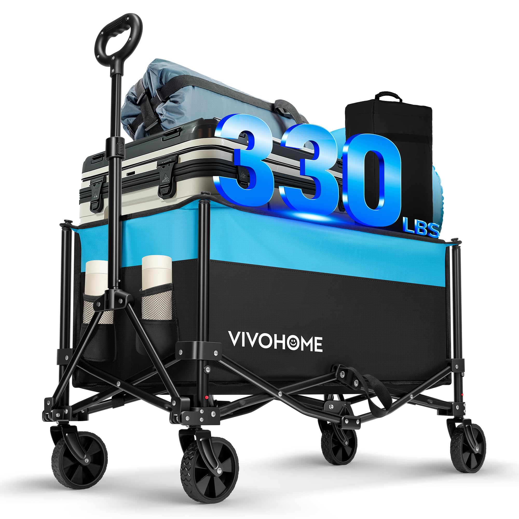 VIVOHOME Collapsible Wagon Carts, 330lbs 170L Utility Heavy Duty Foldable Wagons with Universal Wheels, Cup Holders & Side Pocket, Adjustable Handle, for Camping, Garden, Sports, Picnic, Shopping