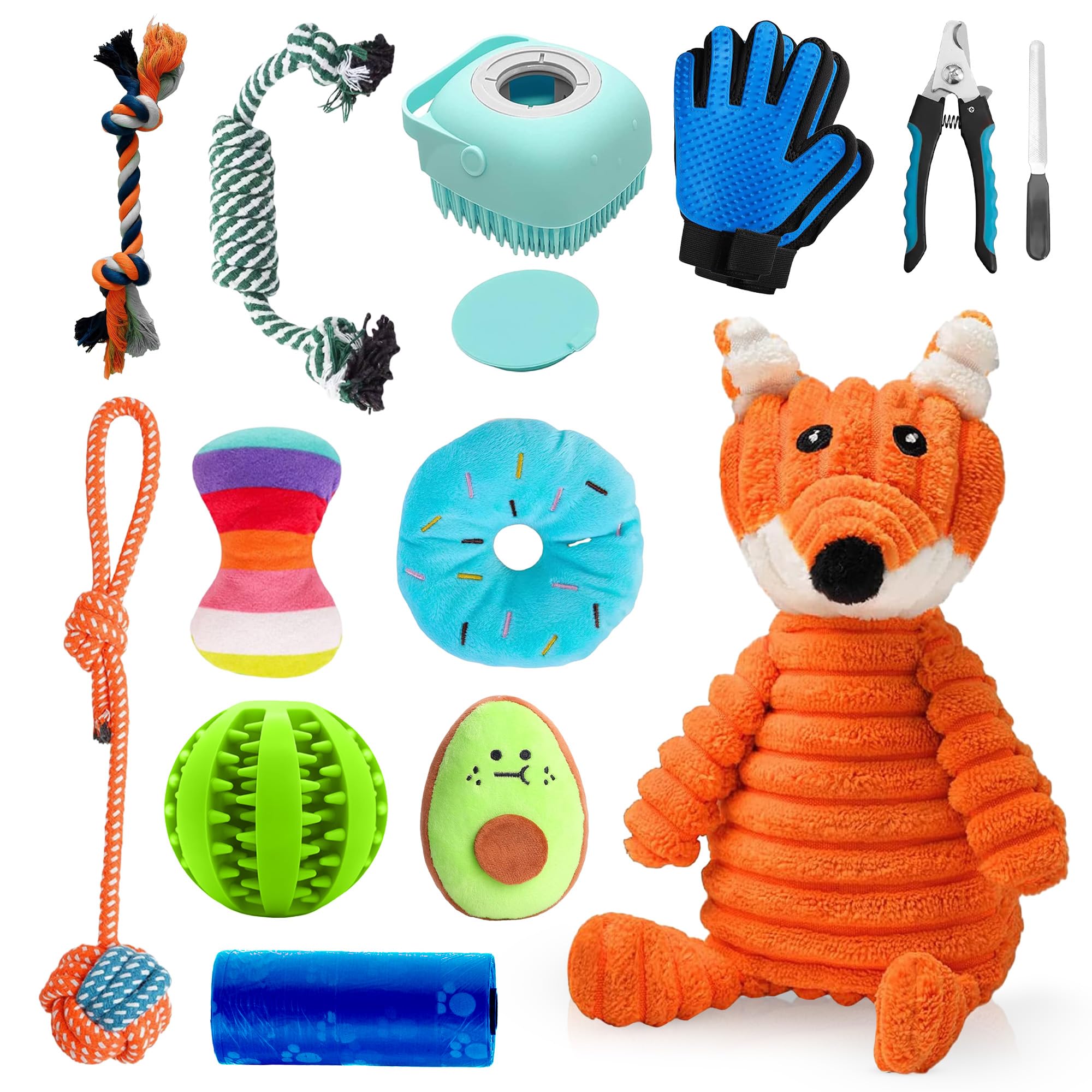 12 Pack Dog toys and Pet Grooming Set for Small Dogs - Tough chew and Puppy Teething Toys for Puppies from 8 Weeks - Interactive Dog Toys for Boredom, Stimulation and Training