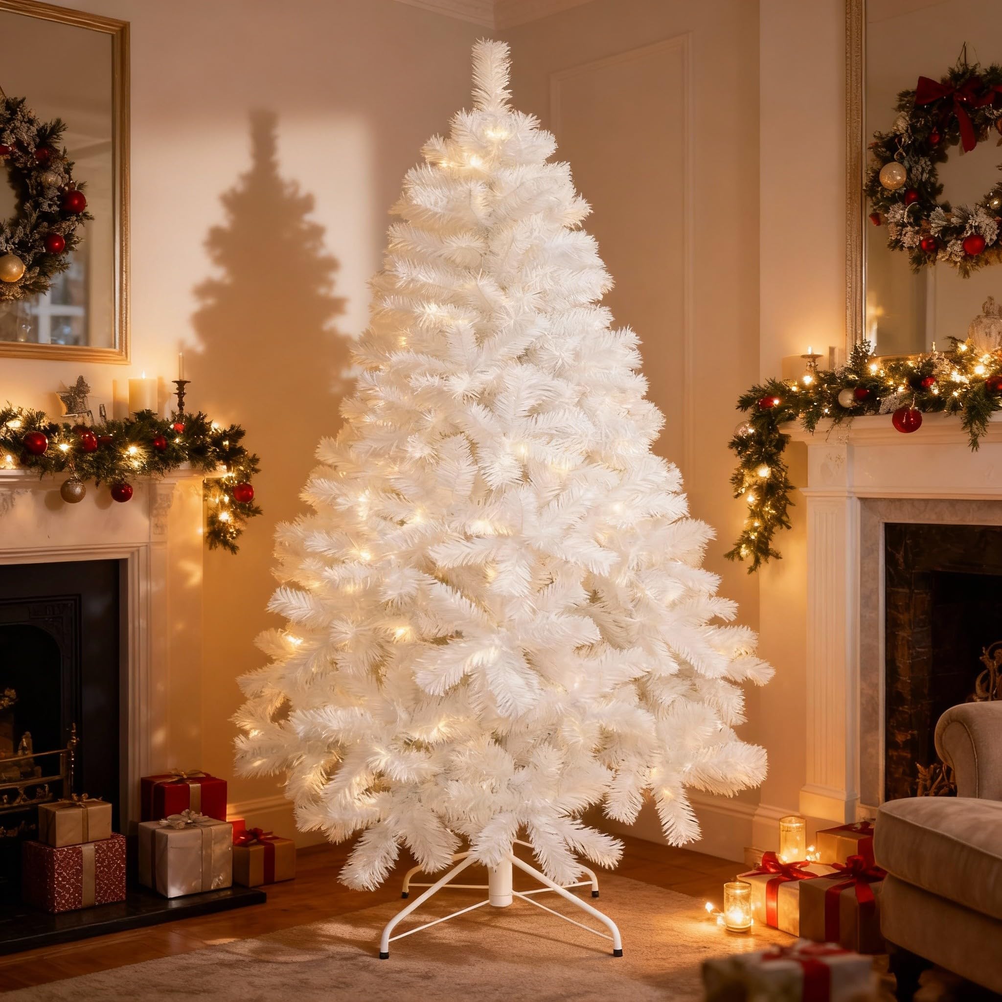 Shatchi - Albero di Natale Artificiale dall'aspetto rigoglioso, con Supporto in Metallo, in PVC, 210 cm, Colore: Nero/Verde/Bianco