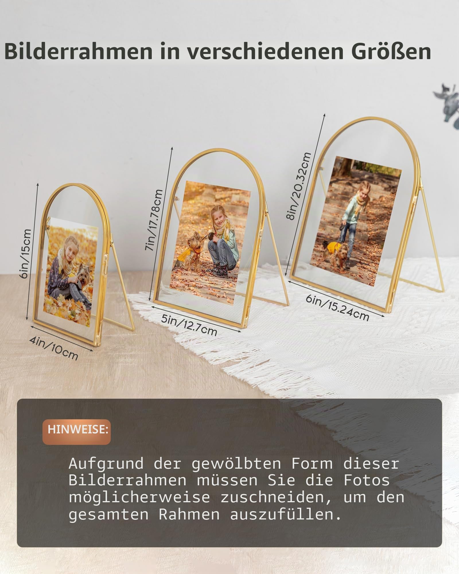 3er-Set schwebende Bilderrahmen in Gold, 4 x 6, 5 x 7, 6 x 8 gewölbte schwebende Glasrahmen, Vintage-Bilderrahmen aus Messing und Gold für die Tischpräsentation von Kunstwerken