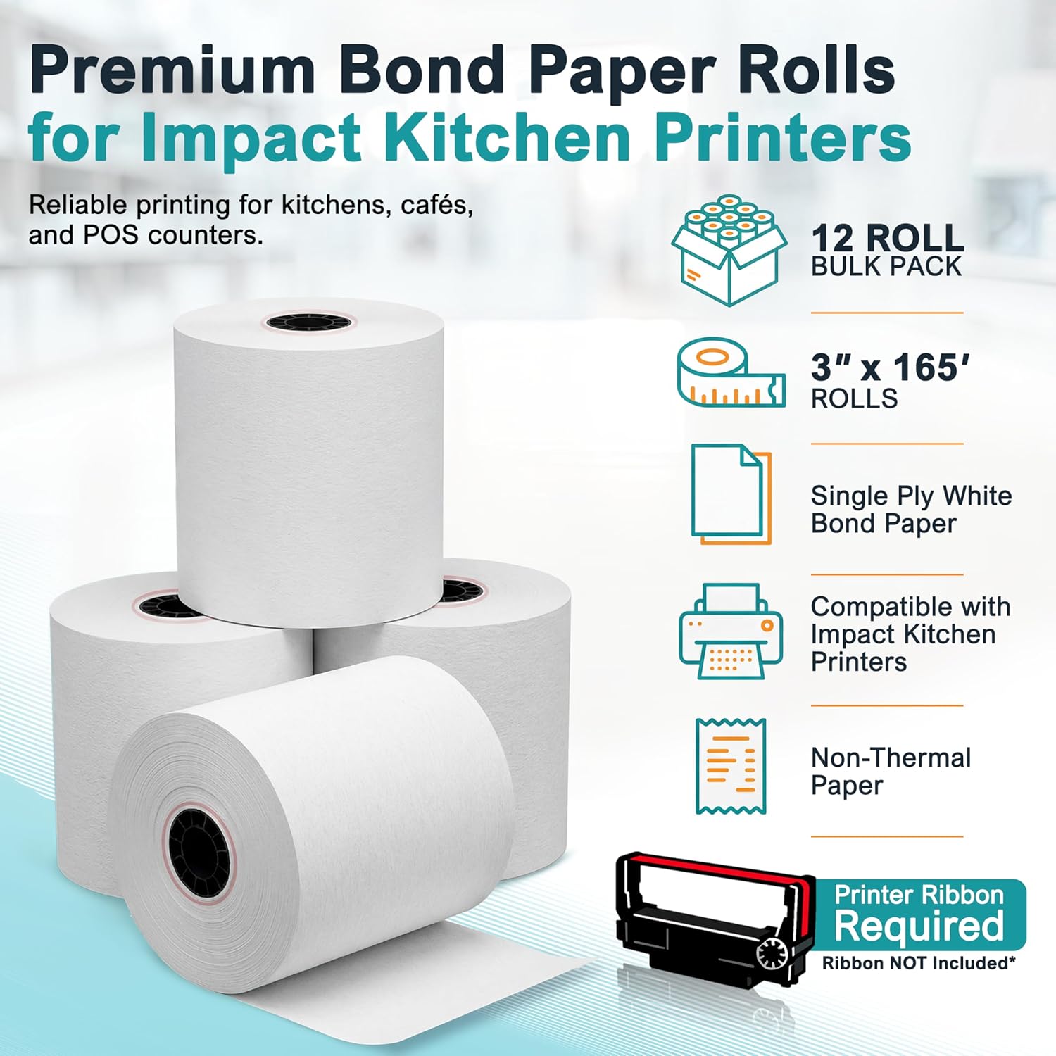 3" x 165' Bond Receipt Paper Rolls (12 Pack) – 1-Ply White POS Kitchen Printer Paper for Impact Printers – Compatible with Epson TM-U200, Star SP700, Bixolon SRP275, Toast TKP300