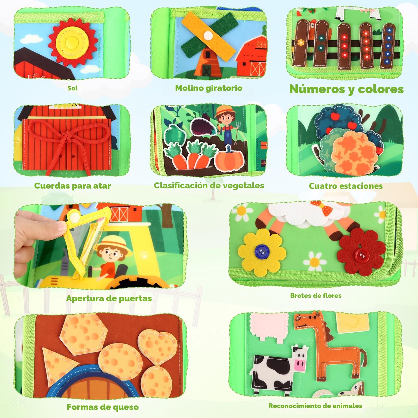 TOSAVGA Juguetes Montessori 1 año, 20 en 1 Busy Board Libro Montessori Interactivo Sensoriales Juguetes para Niños 1 2 3 4 años, Juegos Educativos Niños 1 2 3 Años, 10 Páginas Animales Granja