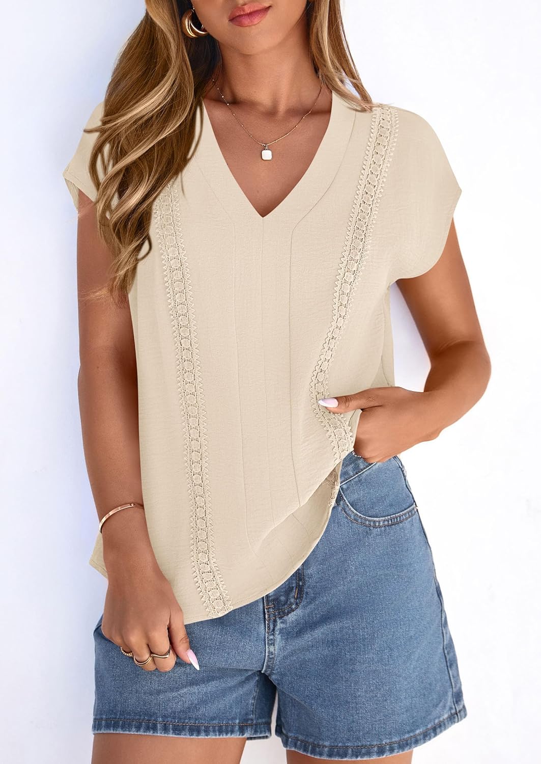 PRETTYGARDEN Blouses for Women Dressy Casual Spring 2026 Cap Sleeve V Neck Lace Trim Boho Tops Work Shirts Summer Clothes - Image 8