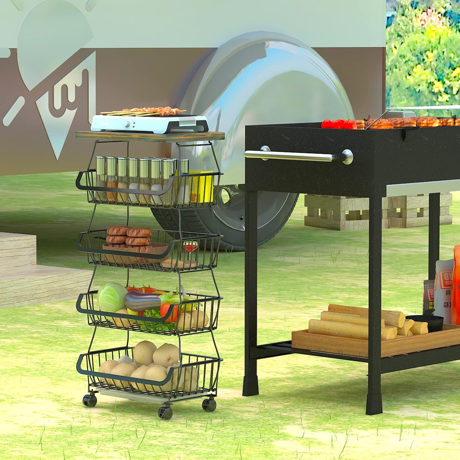 Prоmо 40% оƒƒ CHLORYARD Fruit Basket with Wooden Lid for Kitchen, 5-Tier Stackable Metal Wire Fruit Vegetable Storage Baskets Organizer Stand on Wheels, Produce Basket Potato and Onion Storage Bins Rack Cart for Pantry, Black